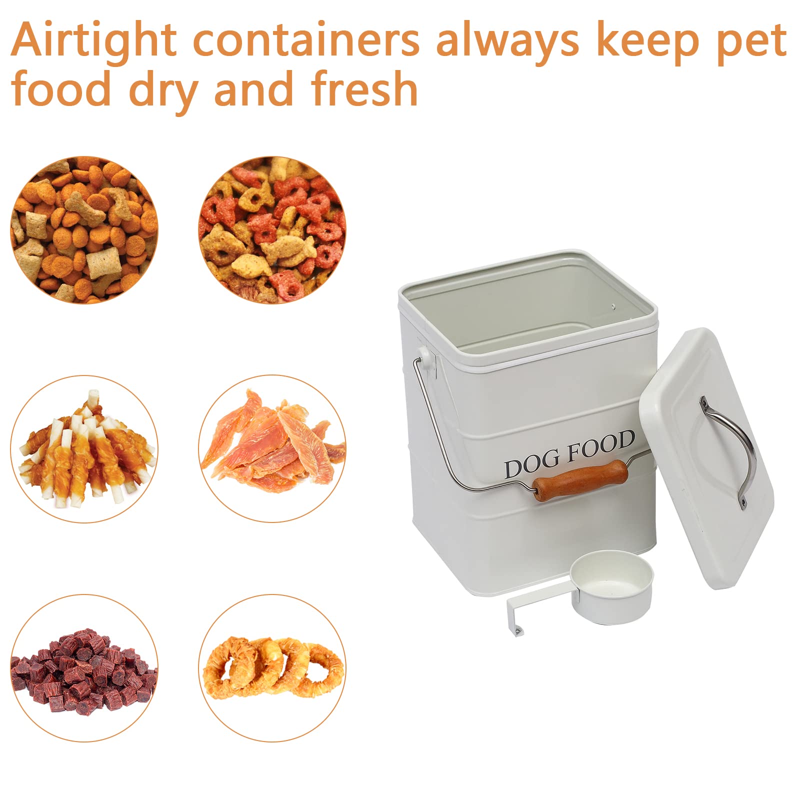 Geyecete - Contenitori per alimenti per animali domestici, in acciaio al carbonio rivestito, con coperchio e cucchiaio,per Cibo per Cani,Capacità 6L-Bianco