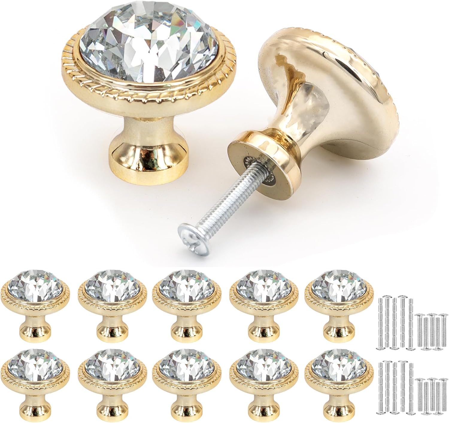 Furniture Knobs Vintage, Chic Crystal Cabinet Knobs, Crystal Glass Drawer Knobs, Pack of 10 32 mm Knobs for Cabinets, Furniture, Kitchen Cabinets, Wardrobe (Gold)