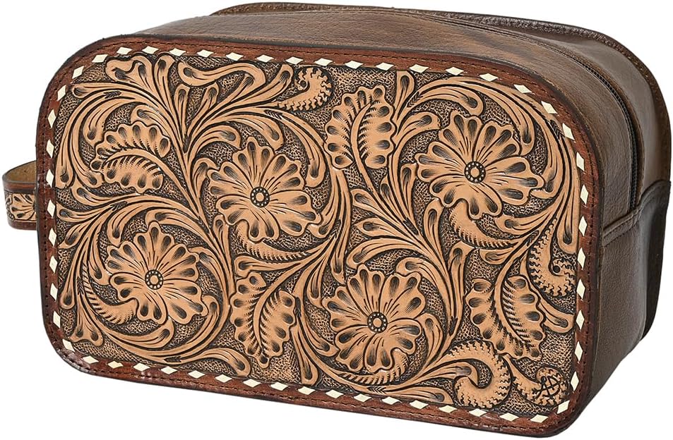 American Darling Hand-Tooled Western Leather Toiletry Bag – Genuine Floral Carved Full-Grain Travel Case with Buck Stitch & Organized Interior