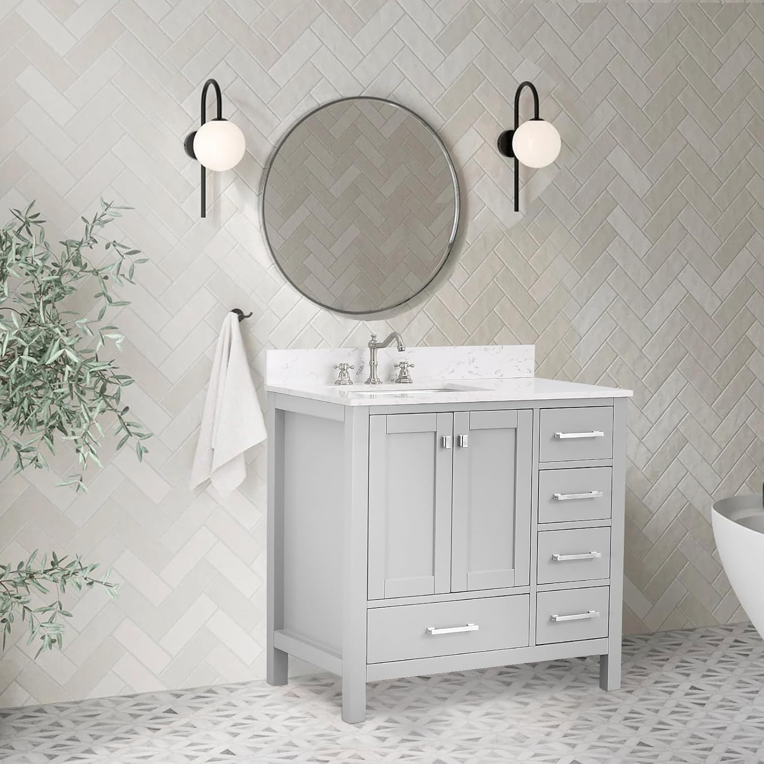 Dornberg 36 in. Bathroom Vanity, Free Standing Single Bathroom Vanity with Sink, Wood Bath Cabinet with Carrara White Engineered Stone Countertop, 2 Doors & 5 Drawers, Full Assembled, Classic Gray