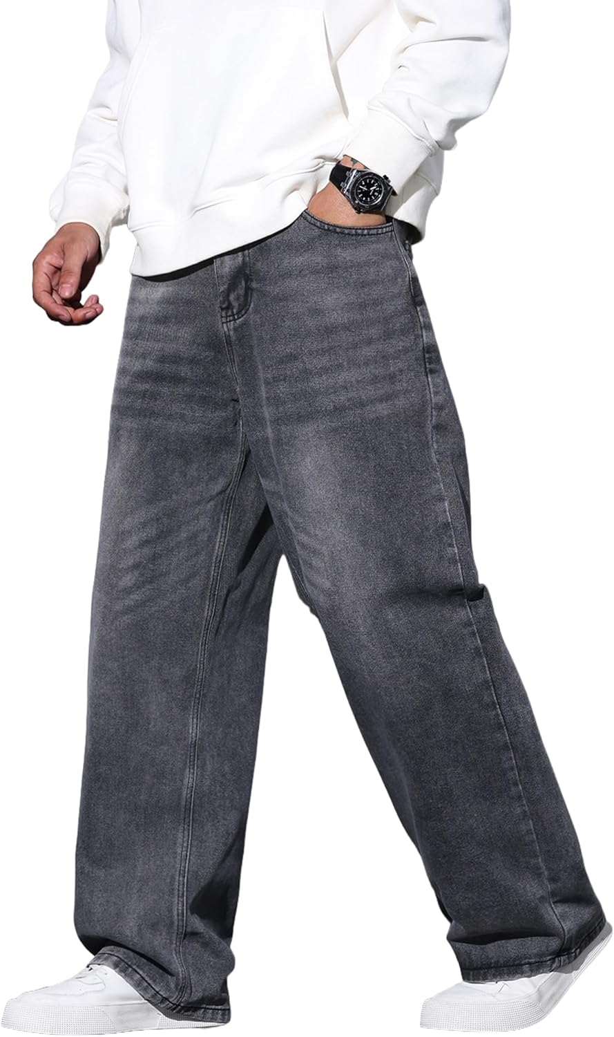 QGRSWBC Baggy Jeans Men Wide Leg Hip Hop Jeans Mid Rise Denim Pants Loose Fit Skater Trousers