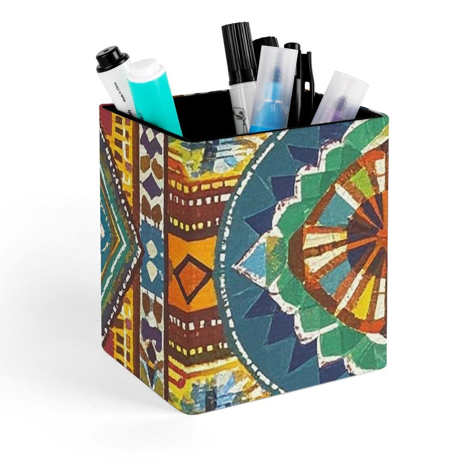 FekiLoot African Style Textile Pattern Pencil Holder Square Leather Pen Holder Cup Modern Multi-Functional Pencil Cup Holder Decorative Desk Organizer Caddy Makeup Brush Holders for Desk Office