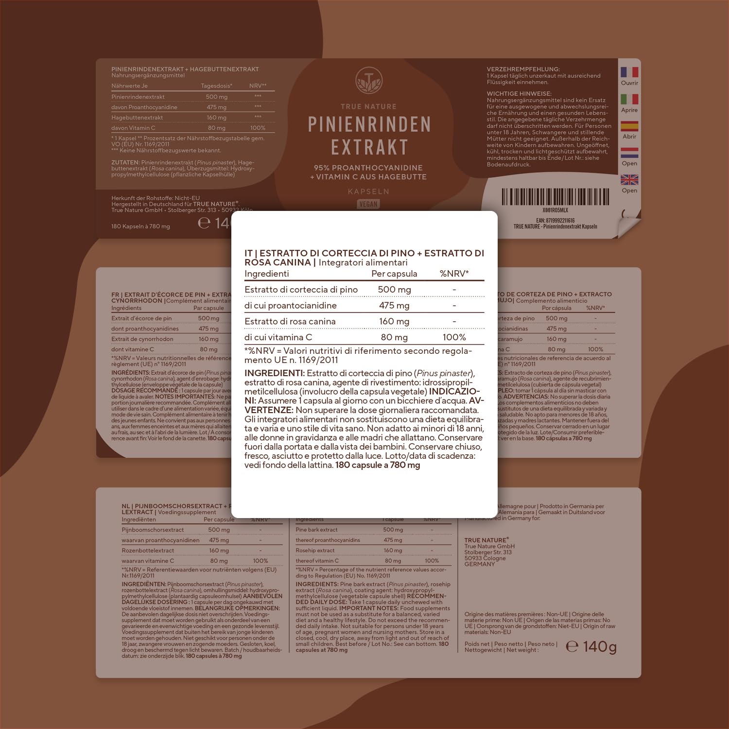 Estratto di corteccia di pino 660mg - 180 Capsule Alto dosaggio - Vitamina C naturale - 32% OPC - Premium pino marittimo francese - Testato in laboratorio - TRUE NATURE®