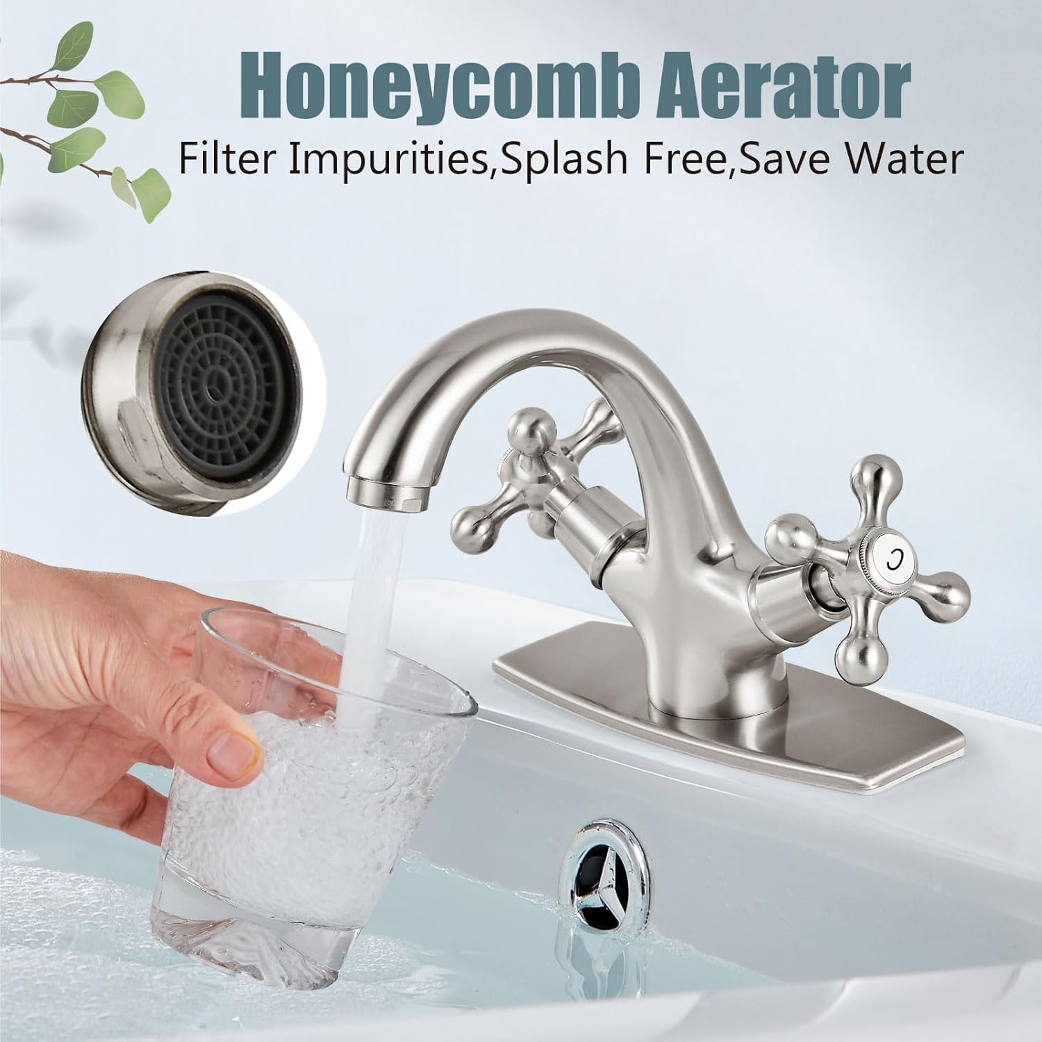 Aolemi Bathroom Sink Faucet Single Hole Cold and Hot Double Handle Cross Knobs Vanity Vessel Sink Basin Mixer Tap with Deck Cover Plate with Pop Up Drain Brushed Nickel