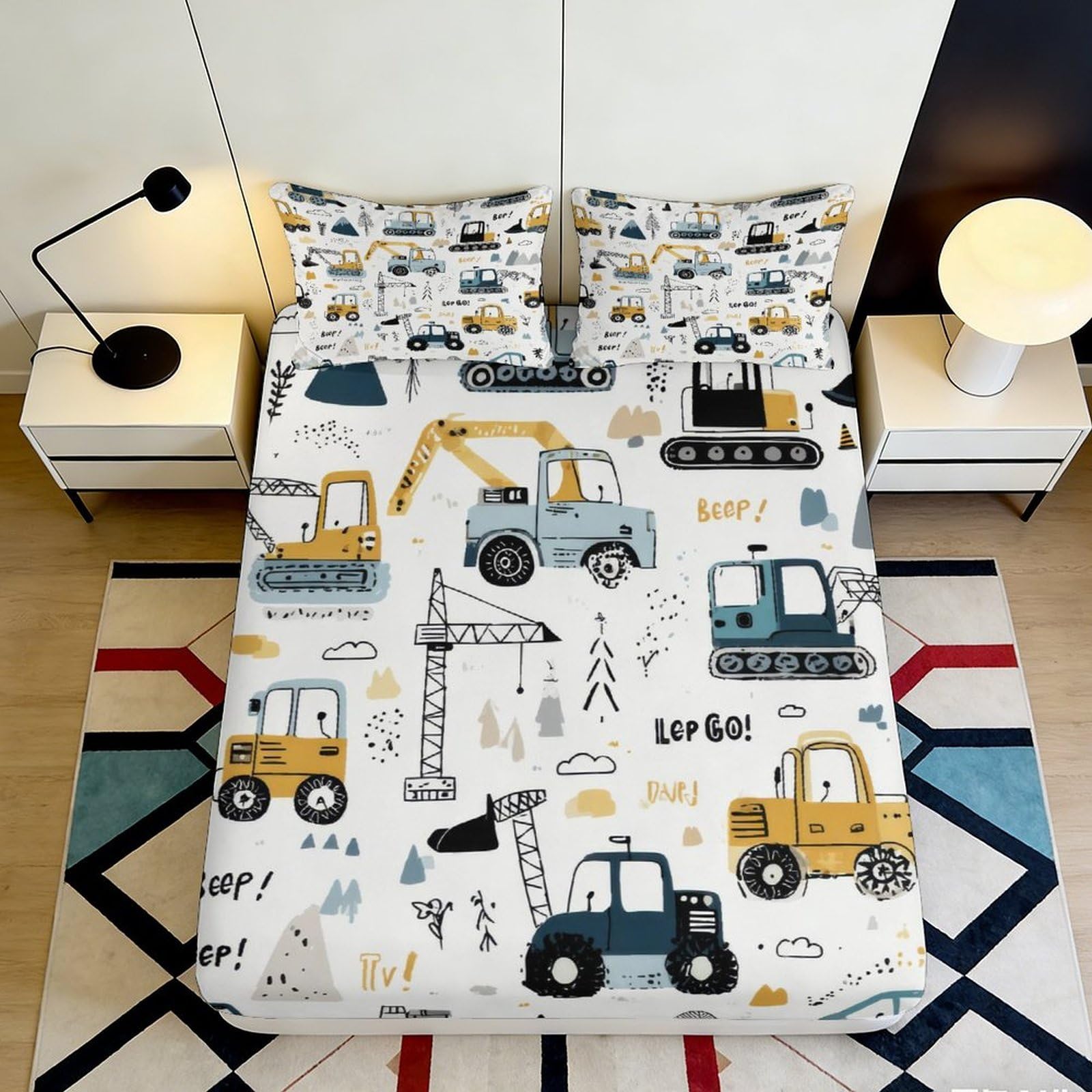 3D Printed Construction Vehicles Fitted Sheet Microfiber Soft Durable Excavator Bed Cover for Bedroom Dormitory Guest Room Mattress Protection 180x200x25cm