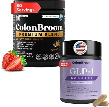ColonBroom GLP-1 Weight Management 30 Servings + Premium Powder Supplements Strawberry, 50 Servings | Supports Appetite Control, Energy, Mood Balance, Bloating Relief & Gut Health