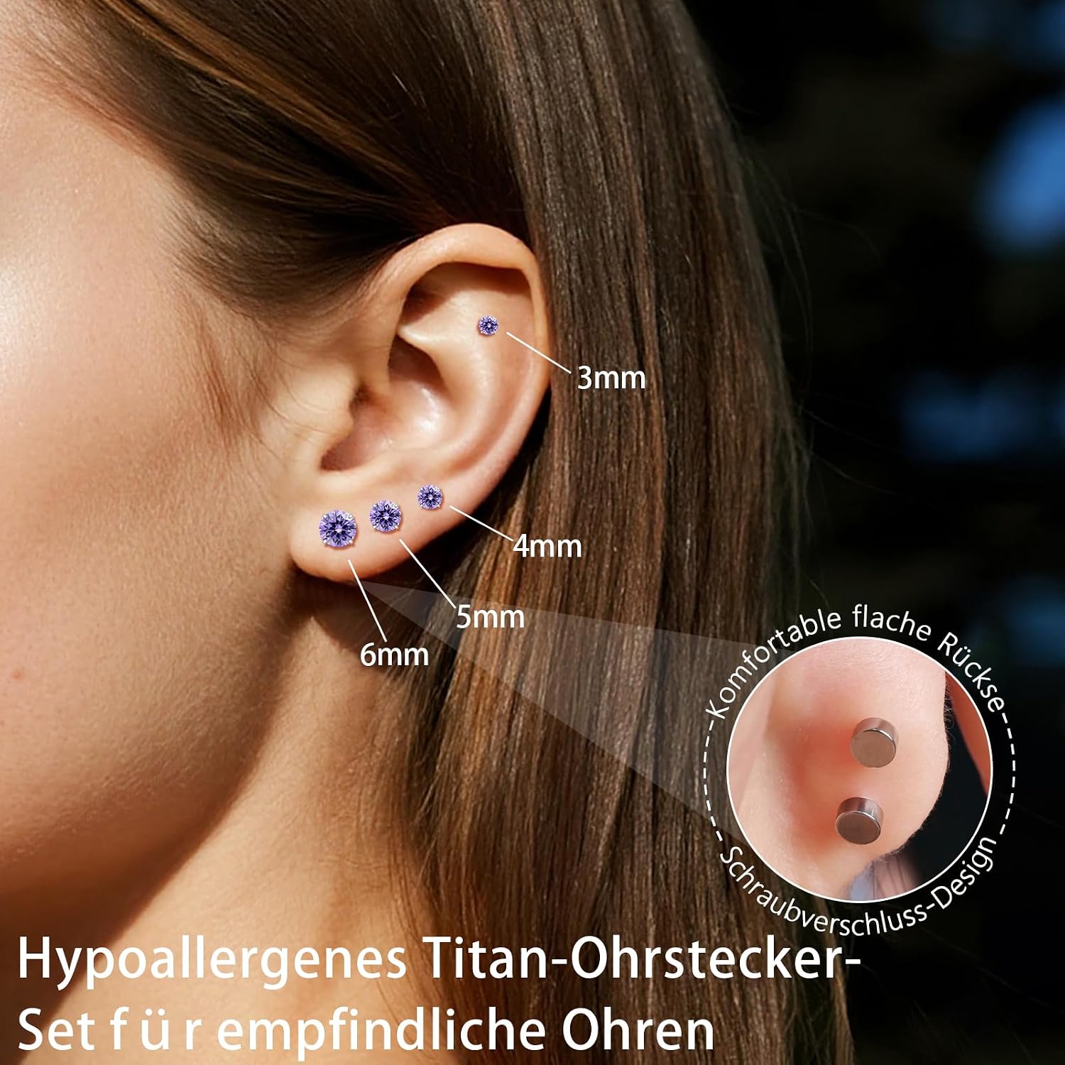 limerencia 4 Pairs G23 Hypoallergenic Flat Back Titanium Earrings Set for Women Men,20G Screw Back Cubic Zirconia Studs Cartilage Earrings for Sensitive Ears
