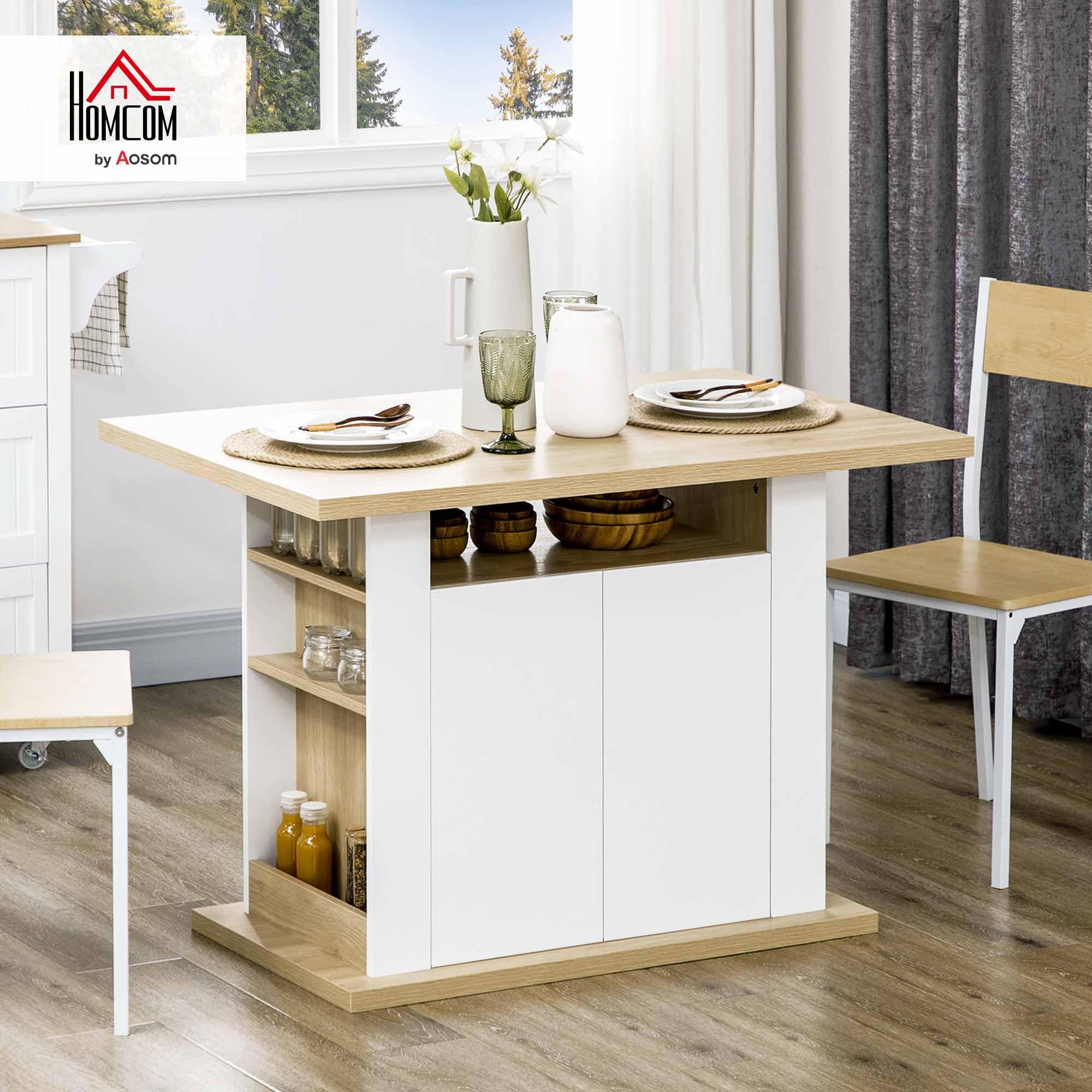HOMCOM Isla de Cocina, para 4 Personas, Mueble de Cocina Multifuncional, Mesa de Comedor con 4 Puertas, Compartimentos Abiertos, Estante Ajustable, 110x70x75,5 cm, Roble y Blanco