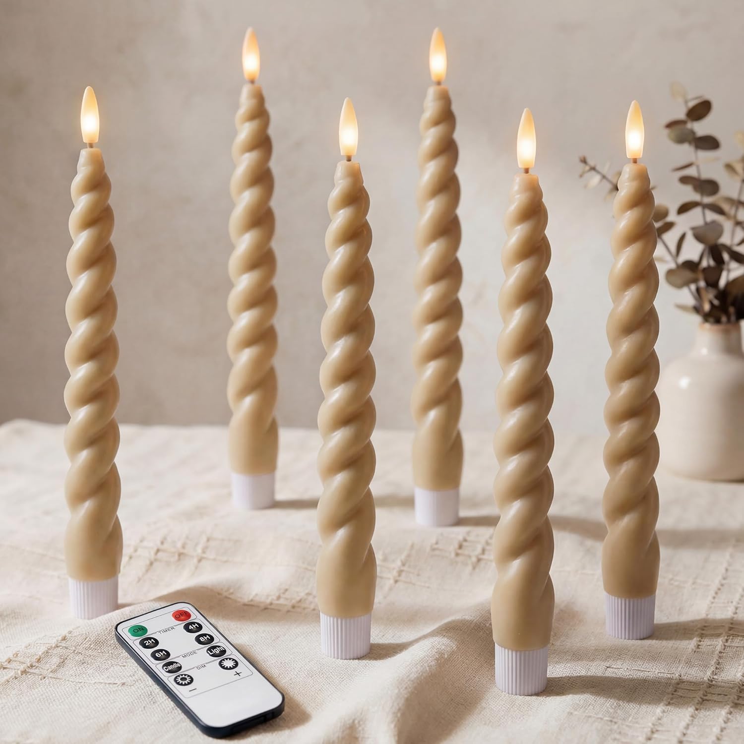 Full Twisted Spiral Flameless LED Taper Candles – Light Tan, Set of 6 – 2/4/6/8-Hr Timer (24-Hr Memory), Remote, Dimmable, Bottom On/Off Button, Flicker/Steady, Battery Operated