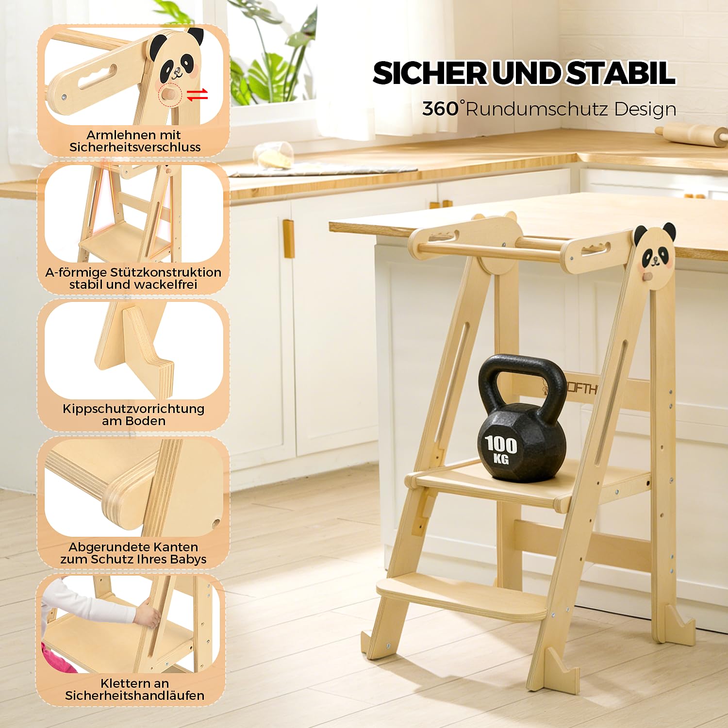 Montessori Tour d'Observation Pliable, Tabouret en Bois, Hauteur Réglable, Sécurité Anti-basculement 1 an+