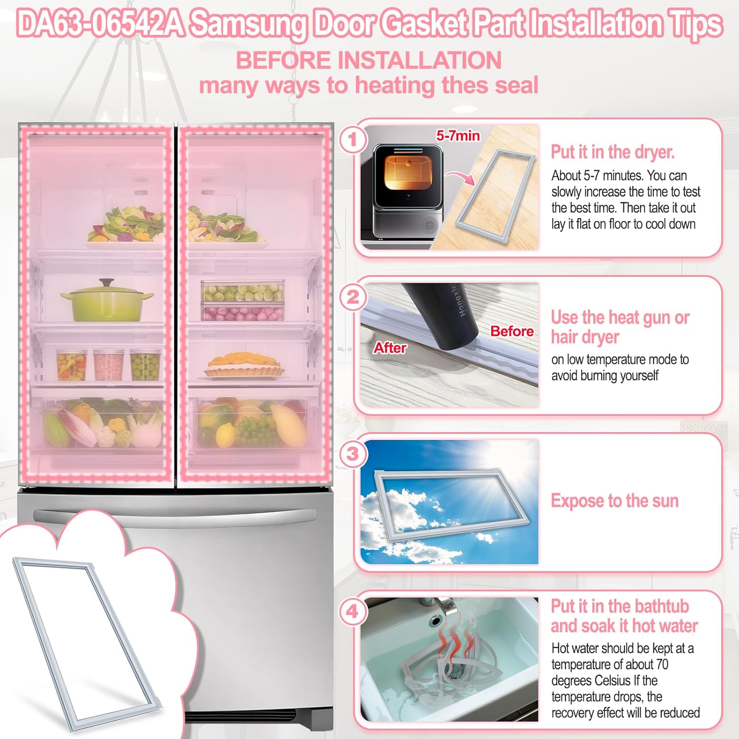 LXun Upgraded DA63-06542A Refrigerator Door Gasket Replacement for Samsung Refrigerator French Door Seal, 39.57"x16.93" Refrigerator Seal Replace Part DA97-07191A 2813286 AP5323696 Fridge Door Gasket