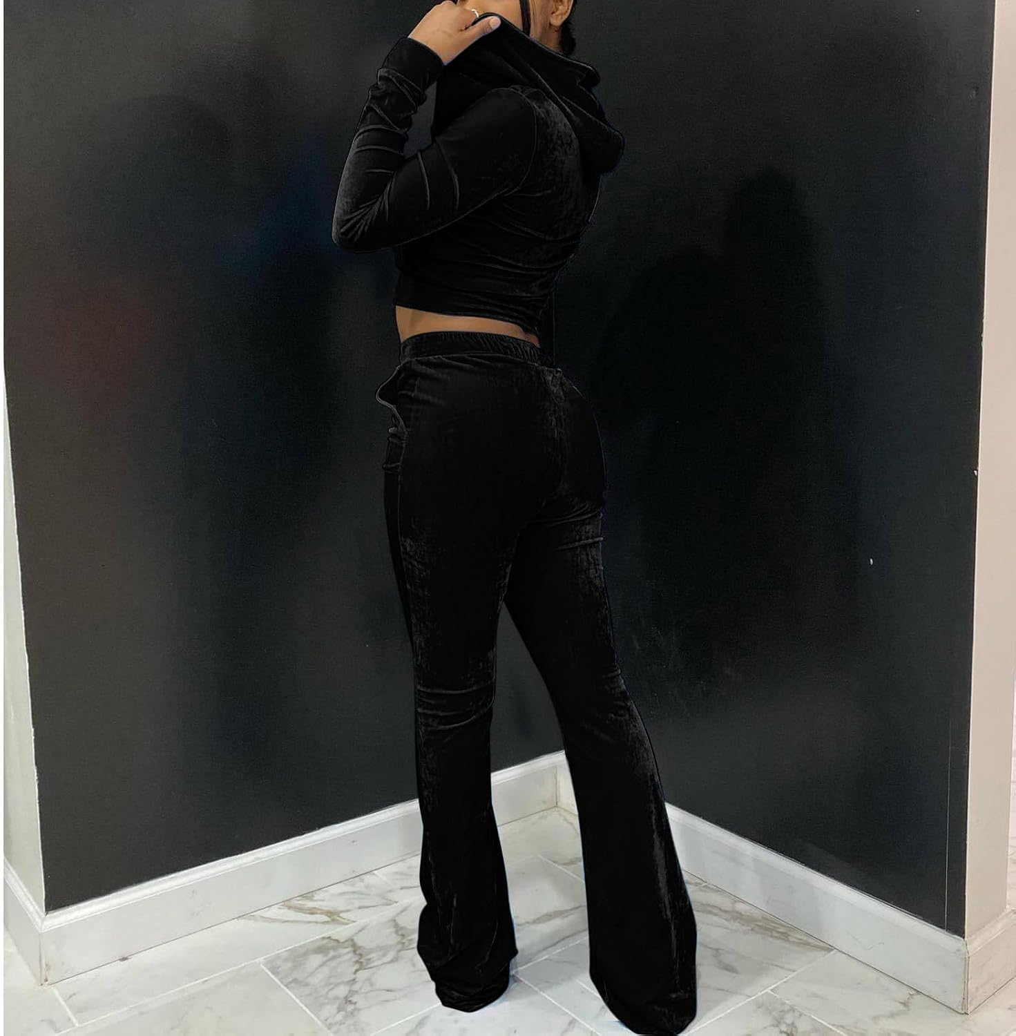 HGps8w Women's Velor 2 Piece Outfits - Full Zip Cropped Hoodie Jacket with Flare Long Pants Jogging Workout Lounge Sets