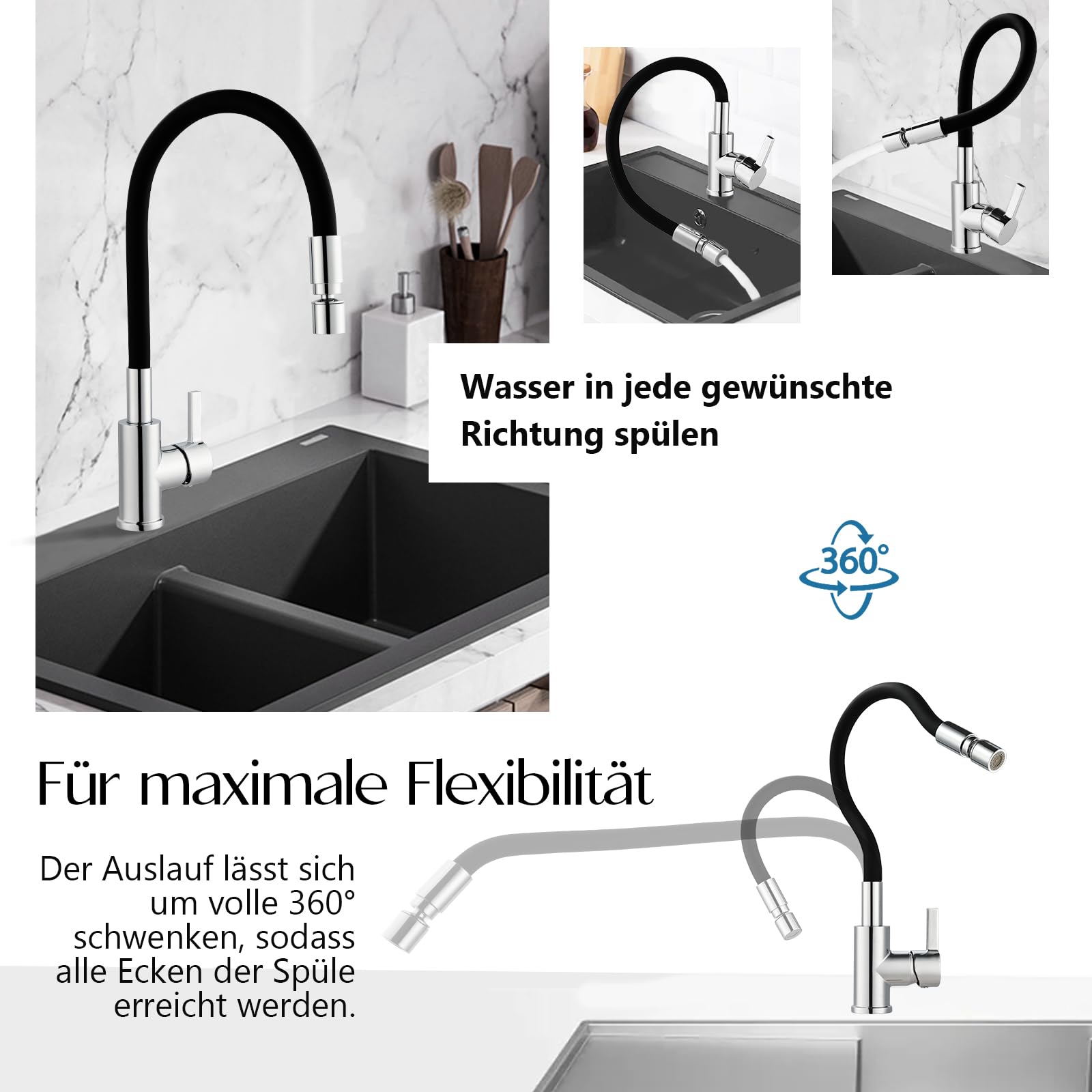 Grifo de cocina con caño flexible, grifo de cocina de alta presión, regulador de chorro con 2 chorros ajustables, grifo monomando mezclador giratorio 360°, grifo para fregadero de cocina