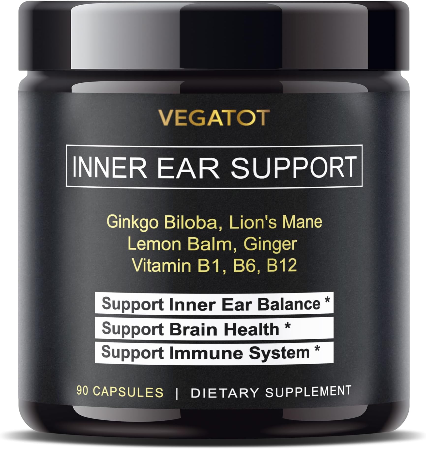 VEGATOT Inner Ear Supplement with Ginkgo Biloba Lion's Mane Lemon Balm Ginger VIT B1, B6, B12- for Dizziness Spinning Inner Ear Balance