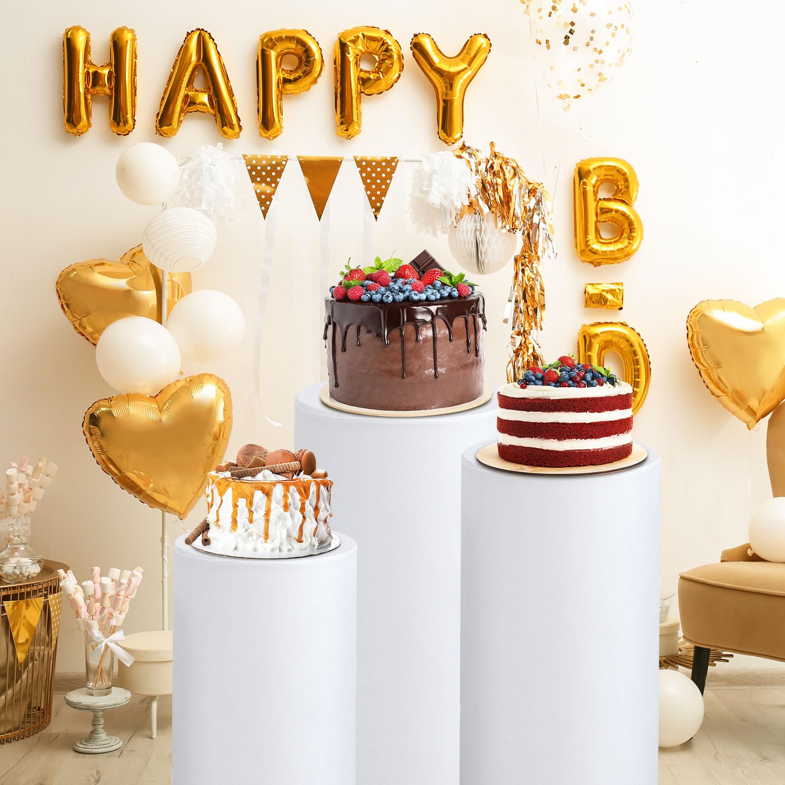 QUARKZMAN Set de 5 Housses de Socle Cylindrique en Spandex Blanc, Housse de Socle pour Décoration de Mariage Anniversaire Fête, Contient uniquement les Housses Cylindriques (Tissu Élastique)