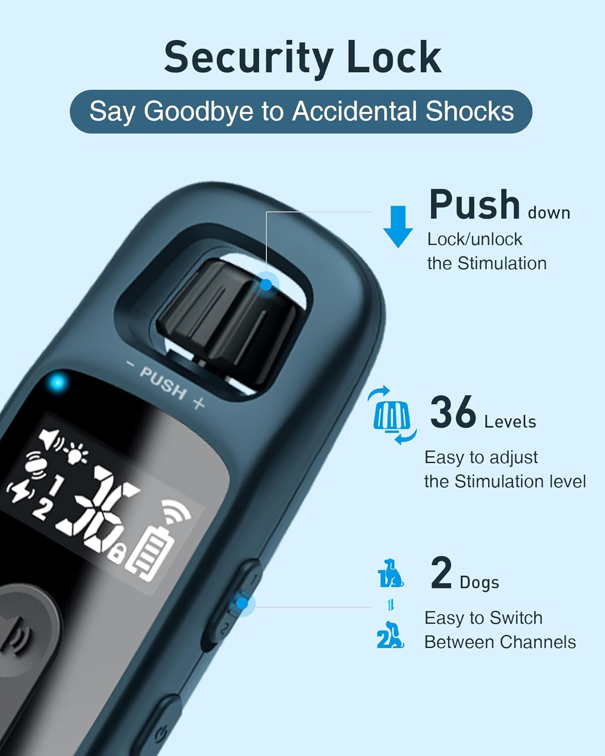 Close-up of the remote control showing the security lock and level adjustment buttons