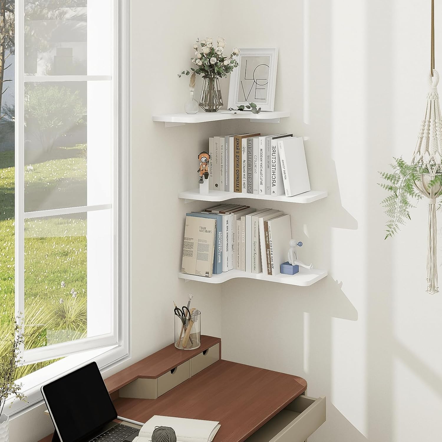 Homode Corner Floating Shelves, Set of 3 Corner Wall Shelves with Wire Hole, L-Shaped Wood Hanging Storage Shelf for Wall Decor, for Bathroom Kitchen Bedroom, White