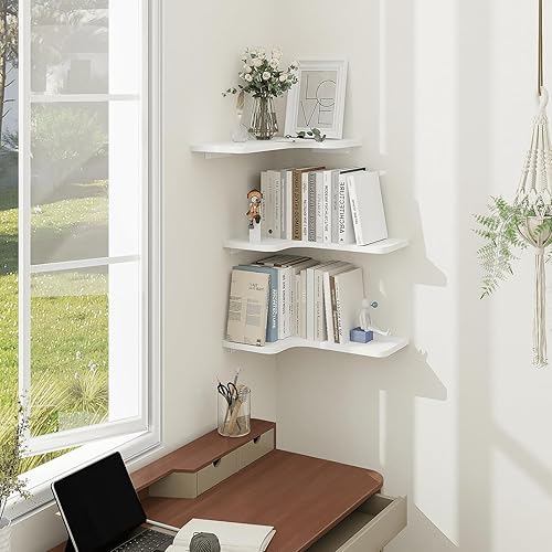Miniatura 7 de Homode Estantes flotantes de esquina, juego de 3 estantes de pared de esquina con agujero de alambre, estante de almacenamiento colgante de madera