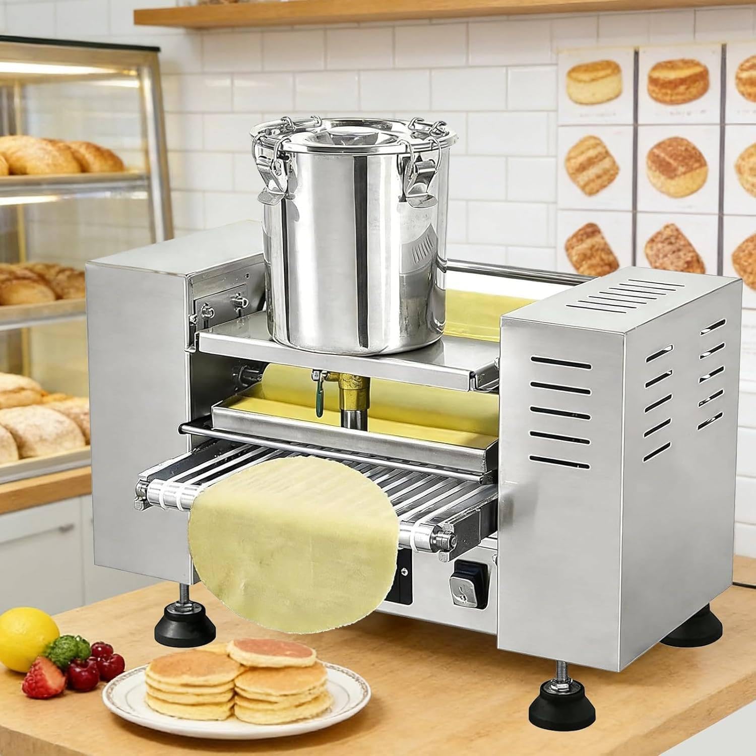 Fully Automatic Egg Skin Crepe Machine, High Capacity Mille Crepe Maker, Crepe Thickness: 0.016” to 0.047”, for Pancakes & Egg Roll Wrappers 8in