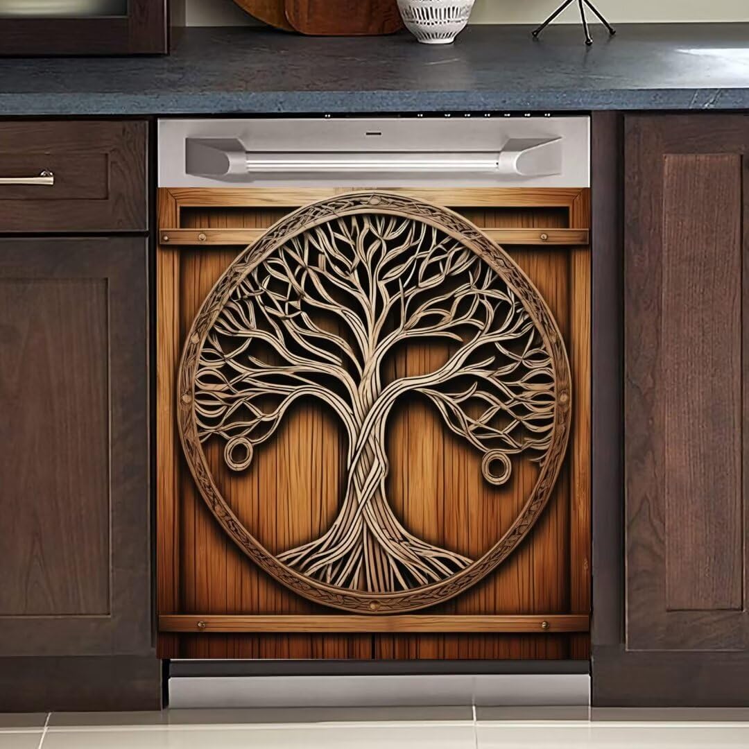 Barn Door Tree of Life Magnet Dishwasher Cover Decorative for Kitchen, Tree of Life Magnetic Refrigerator Skin Cover, Vintage Wood Door Home Decor Sticker - 23" x 26" Magnetic