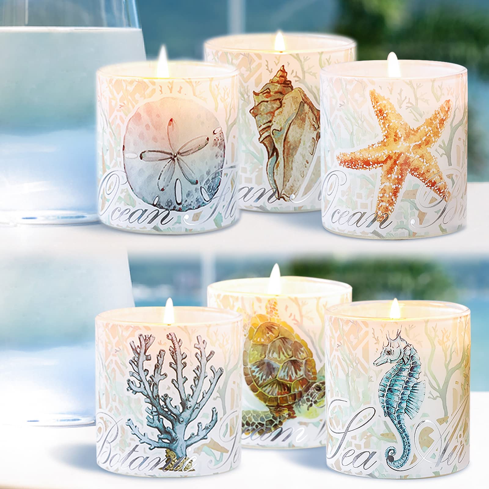 SILVERSTRO Ocean Scented Candles with Wood lid | Made with Essential Oils | 3.52oz - Set of 6 | 100% Cotton Lead-Free | Ocean Mist, Ocean Flower, Botanic Sea, Sea Air, Ocean Breeze, Dream Weaver