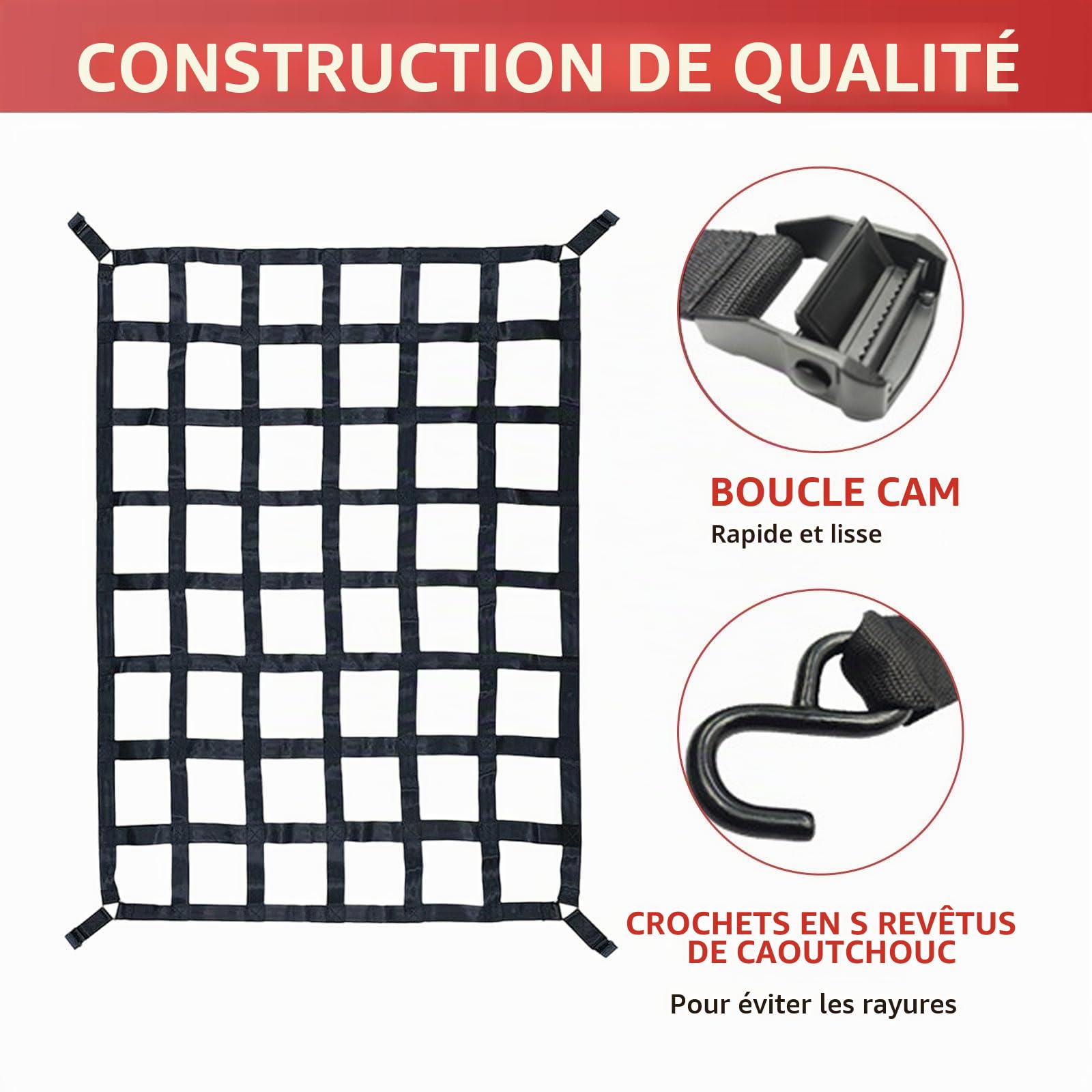 Filet de Rangement Voiture 127 x 106 cm Filet Toit/Ensemble de Clôture Arrière de Camion, Filet de Chargement Réglable, Filet de Levage de Ceinture de Sécurité, Filet de Remorque Lourd