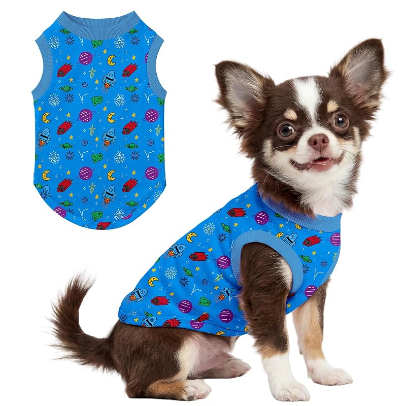 Camisa para Cães Pequenos Ruirichfun Sem Mangas em Tecido Elástico Blue Universe, Médio (peito de 42 cm)