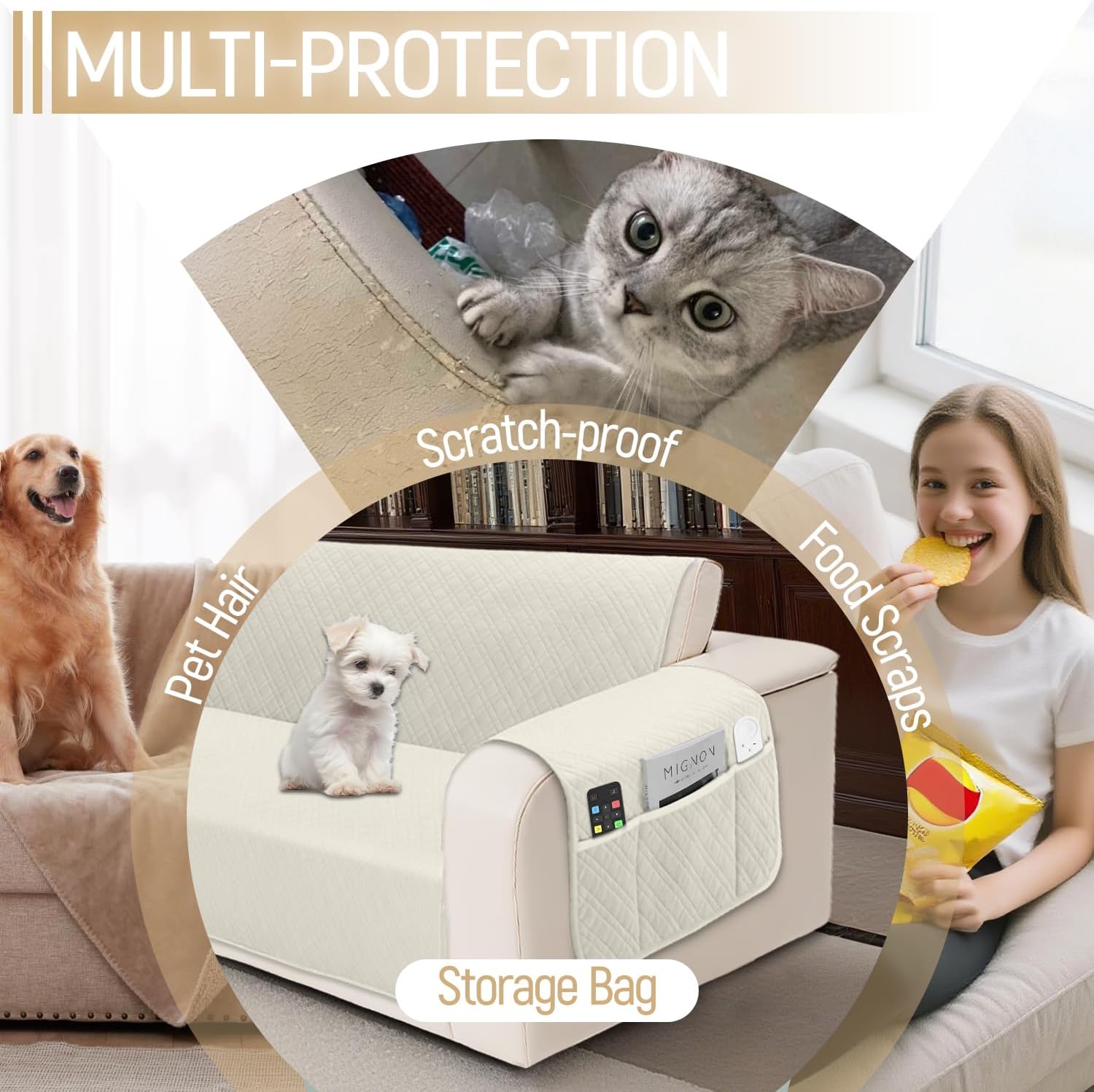 Waterproof L Shaped Couch Cover for Sectional Sofa Velvet Quilted Corner Sofa Cover L Shape Furniture Protector Slipcover Set with Non Slip Straps for Pets Dogs Kids (XX-Large, Ivory)