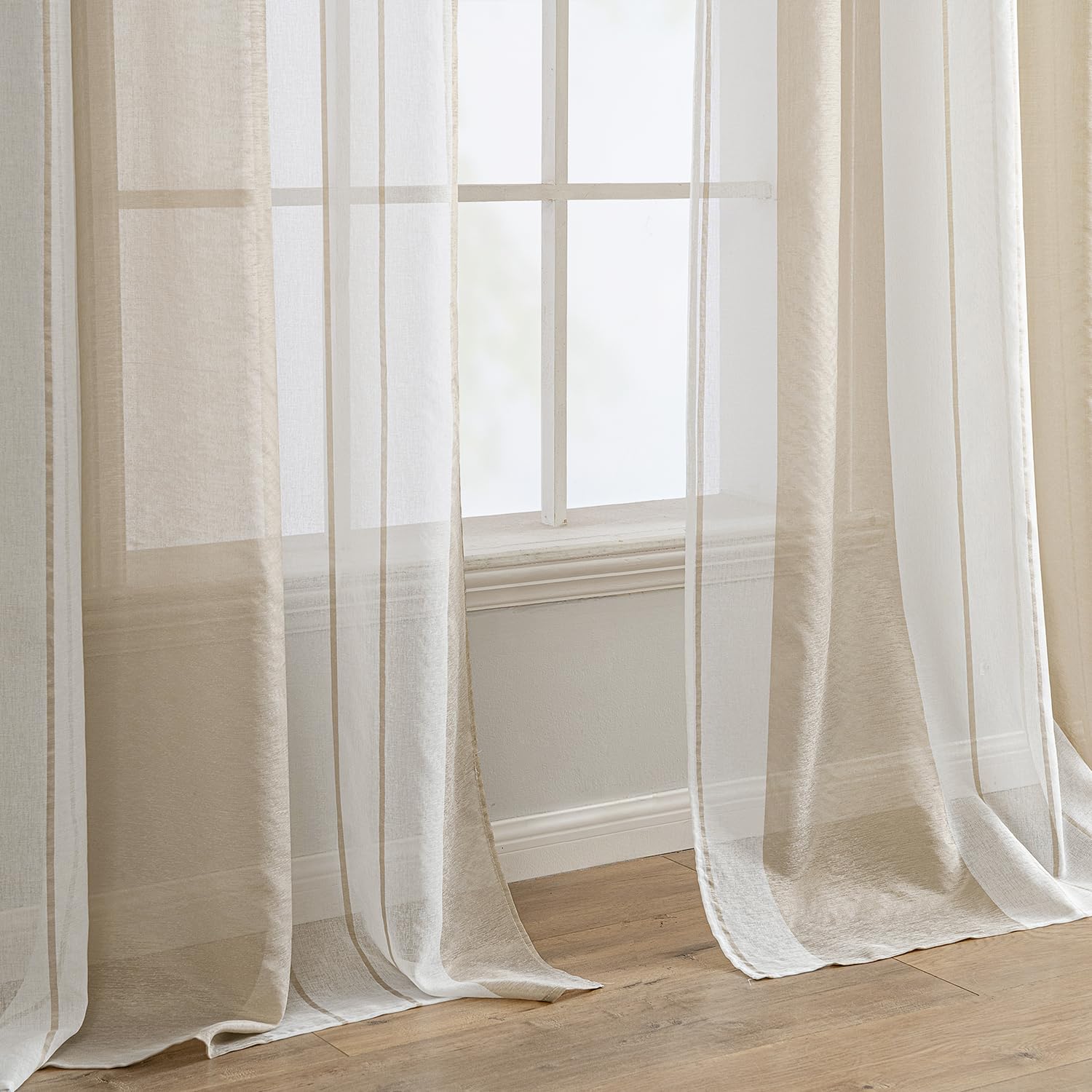 EMEMA Tende a righe trasparenti con occhielli Tende in voile Soggiorno moderno Set di 2 tende Camera da letto Trasparente con motivo Tenda a righe semitrasparente 140 x 290cm Bianco Beige