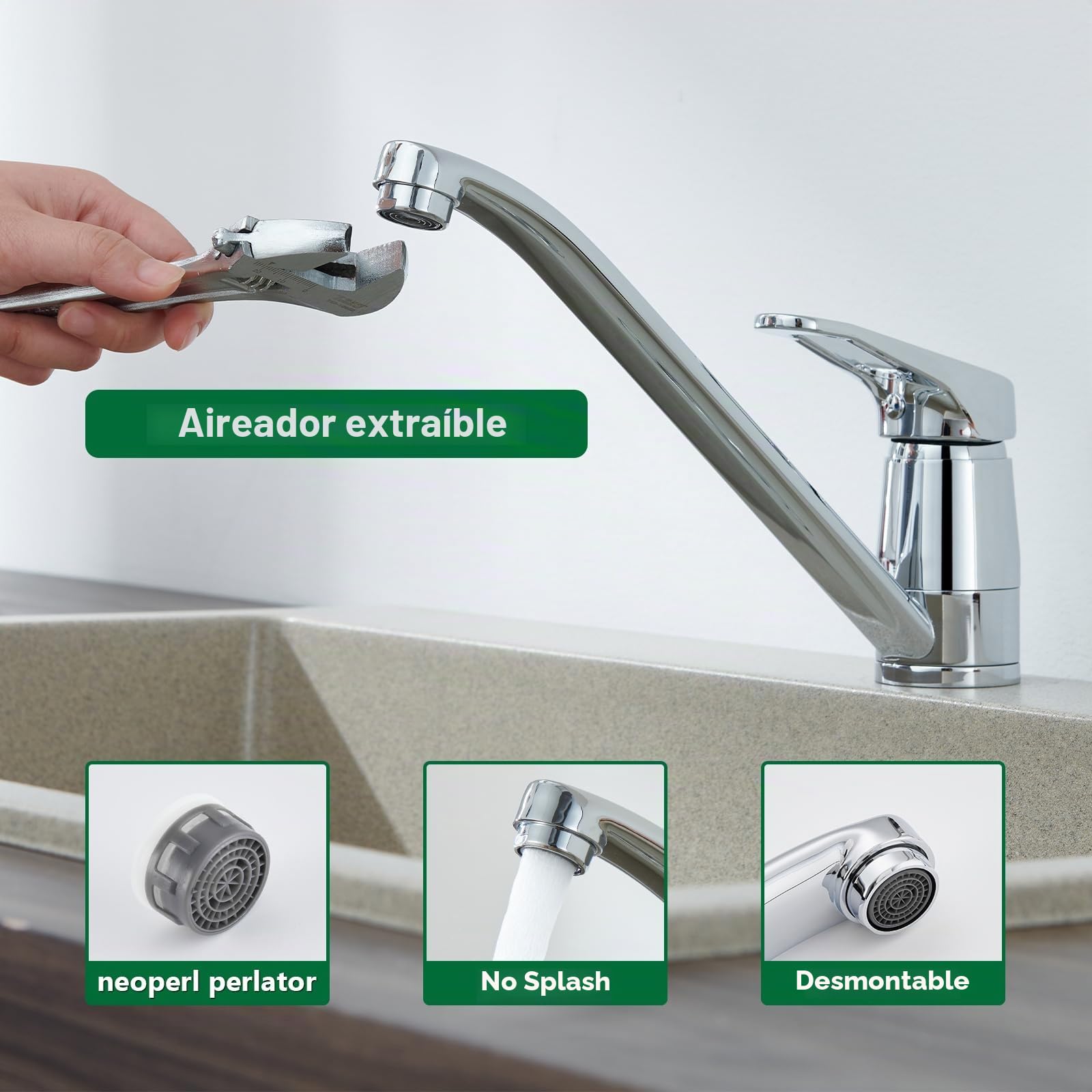 Grifo de Cocina 360° Giratorio, Grifo de Alta Presión con Cartucho Cerámico, Mezclador Monomando para Fregadero, Fácil Instalación y Mangueras de Agua Caliente/Fría de 50 cm, Cromo