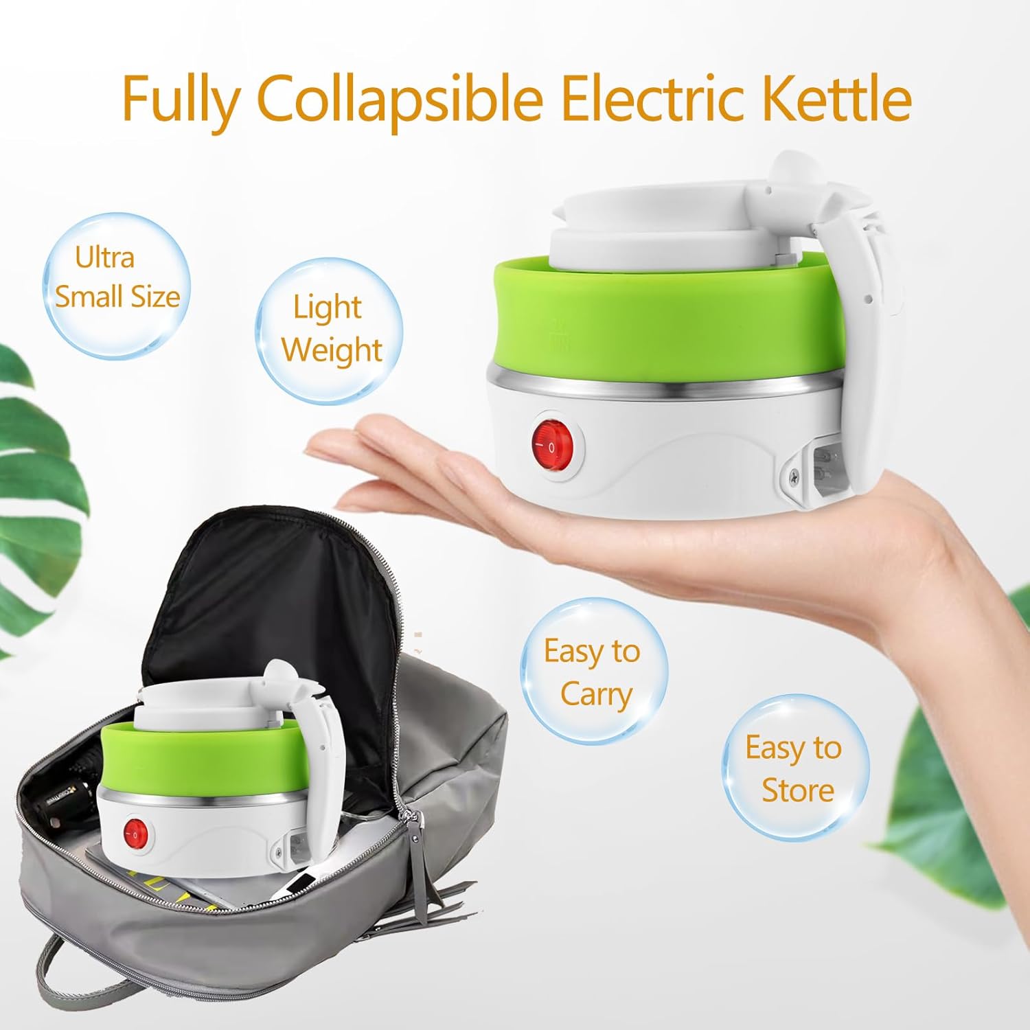 Collapsible Travel Electric Kettle (110 Volt), Travel Portable Electric Tea Kettle, Food Grade Silicone Small Electric Kettle (green, small)