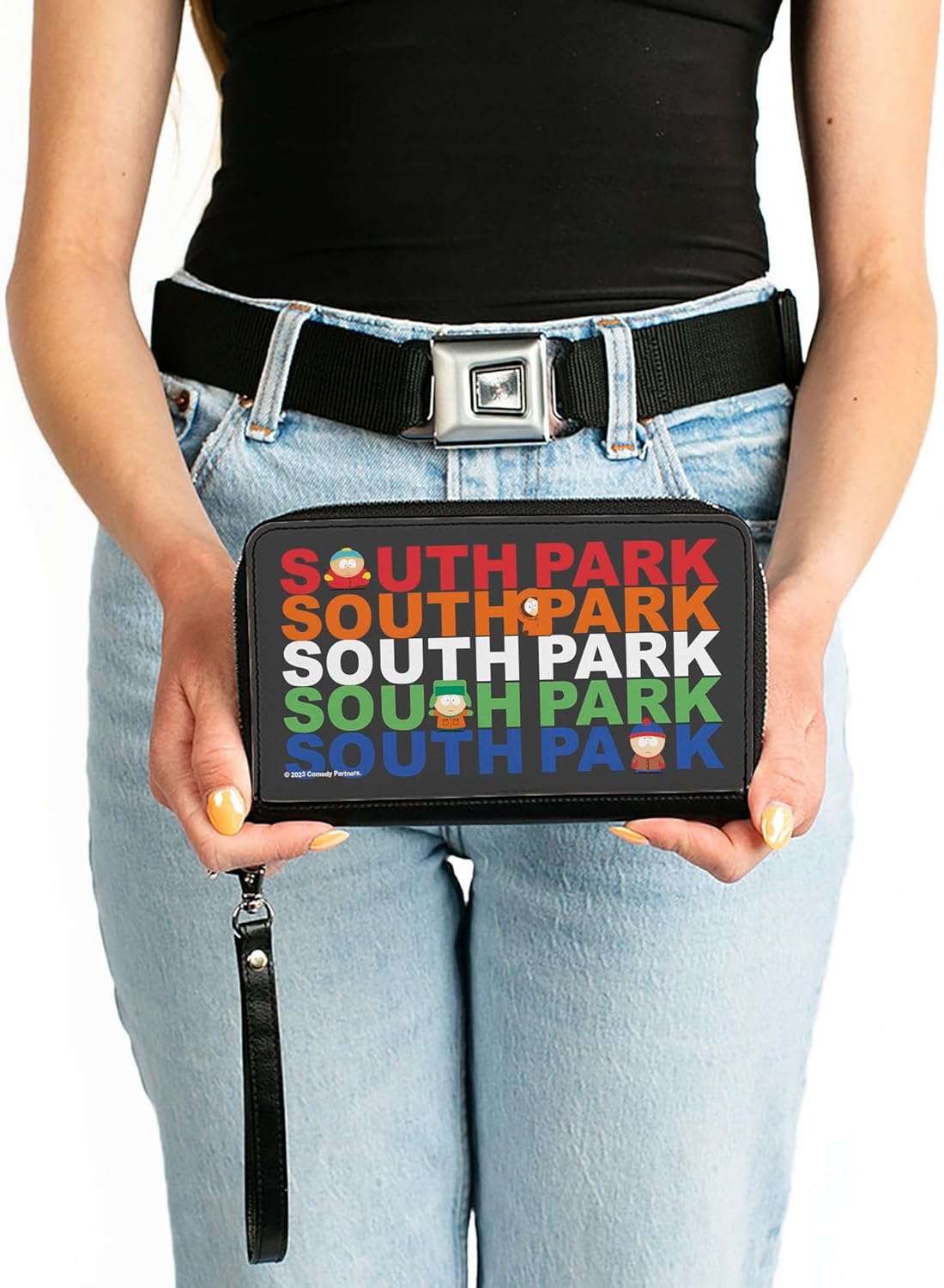 Buckle-Down Comedy Central Wallet, Zip Around, South Park Boys Text Logo Repeat Black Multi Color, Vegan Leather