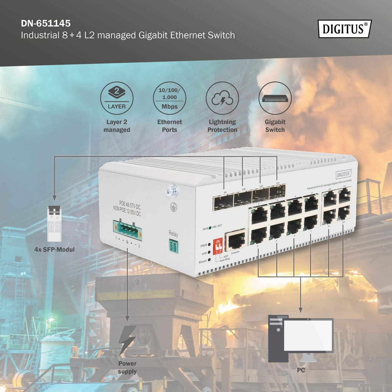 DIGITUS 8 Port Gigabit Ethernet Netzwerk Switch Industrial L2 managed 4 SFP Uplink