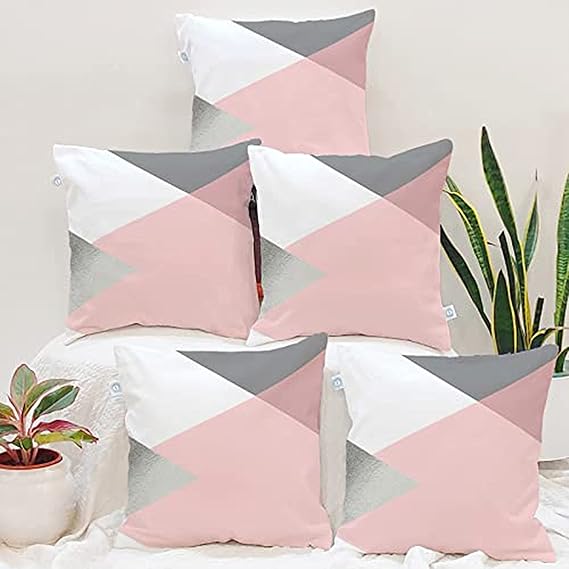 STITCHNEST Pink & Grey Geometrical Printed Canvas Cotton Cushion Covers, Set of 5 (16 x 16 Inches)