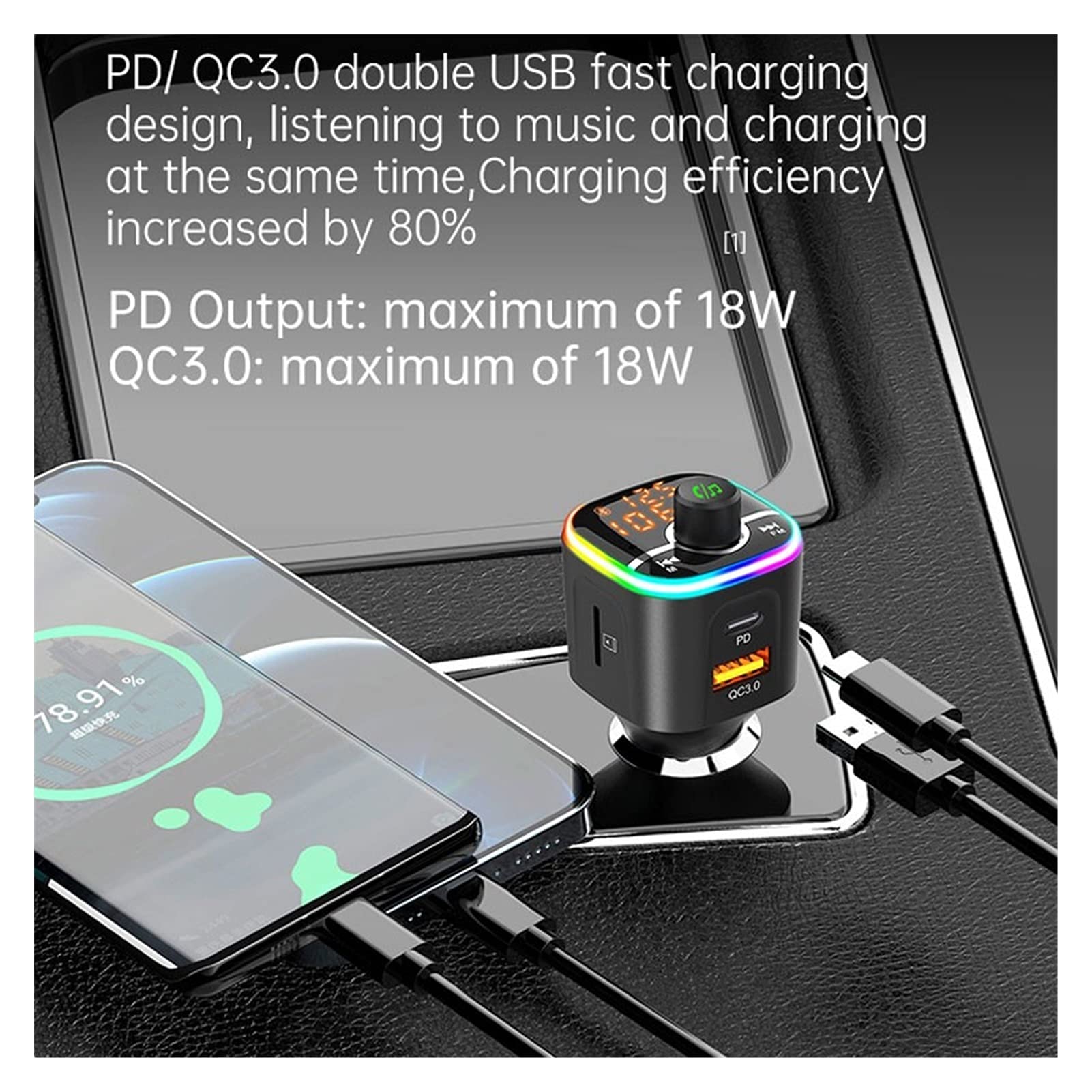Adaptateur Audio Bluetooth FÉMININ Modulateur sans Fil émetteur MP3 Joueur BC68 Auto QC3.0 PD USB Chargeur Rapide Bluetooth Kit Mains Libres Lampe de l'atmosphère colorée