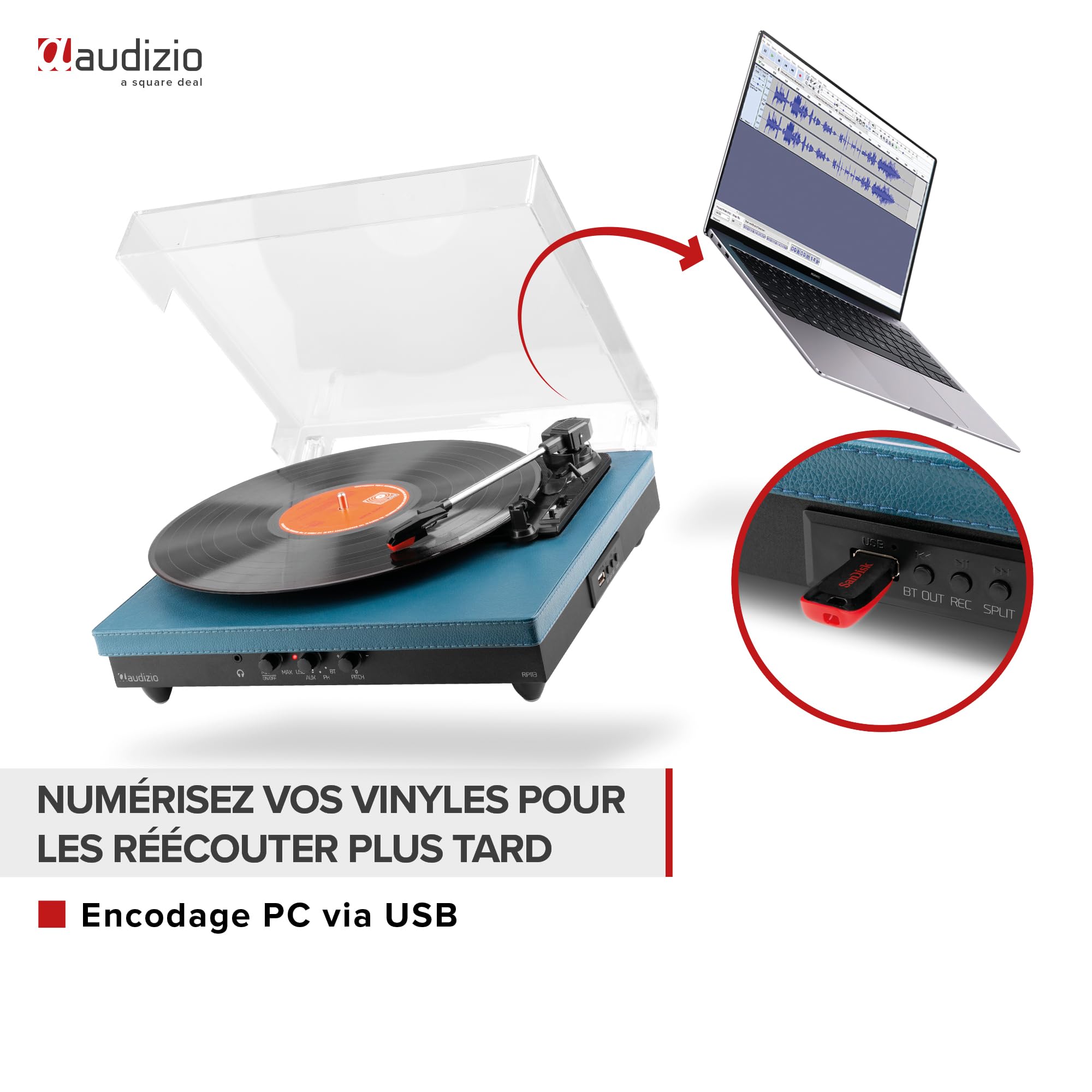 Audizio RP113D Platine Vinyle Bluetooth avec Haut-Parleurs Intégrés - Cuir Bleu Foncé, 33, 45 et 78 Tours, Émetteur Bluetooth, Une Platine Idéale pour Décorer et Écouter Vos Vinyles