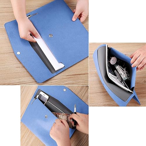 Miniatura 5 de Enyuwlcm Carpeta de archivos A4 de cuero de la PU titular de documentos cartera impermeable carpeta sobre carpeta con cierre a presión azul