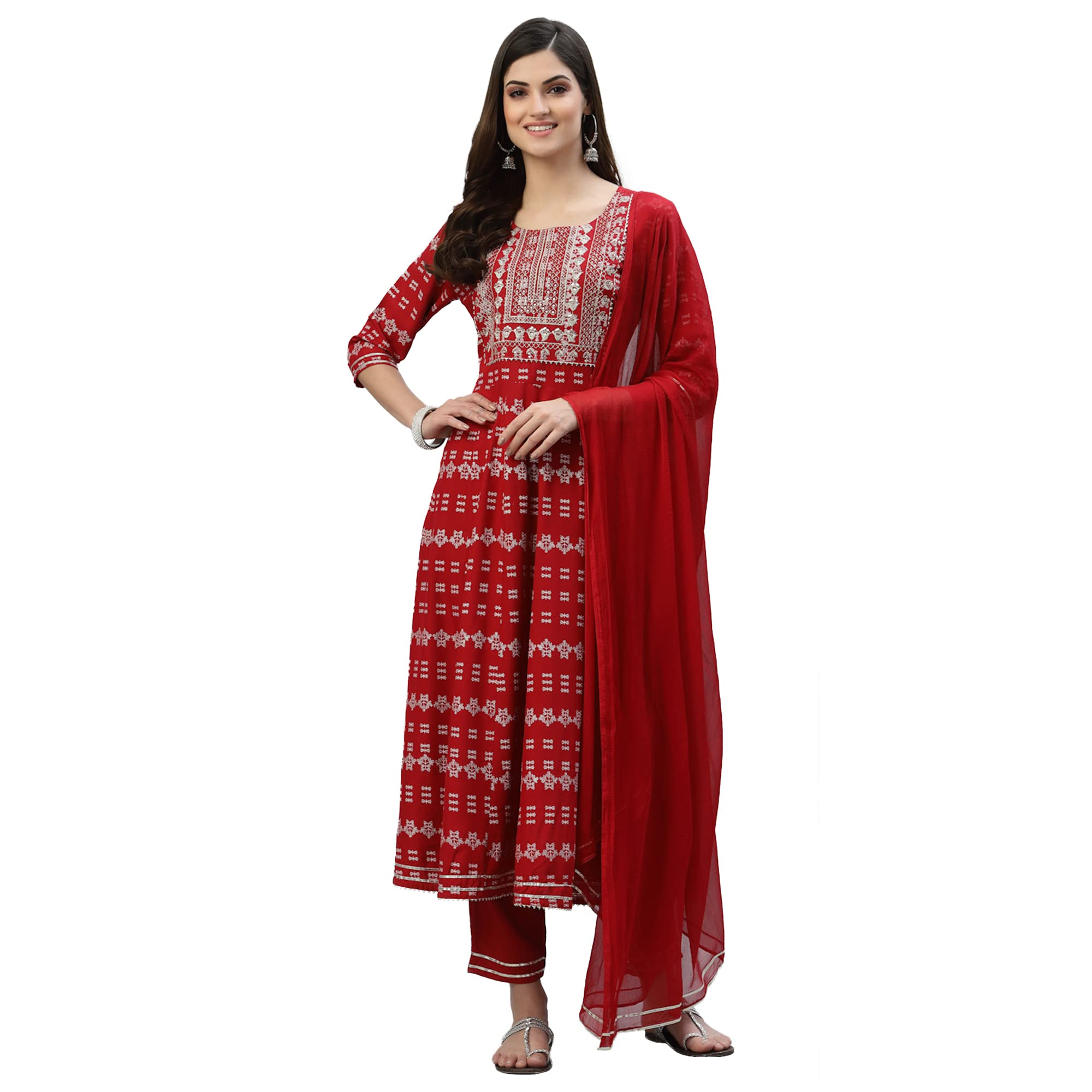 Stylum Women's Printed & Embroidered Rayon Anarkali Kurta Pant Dupatta Set (Kpdredchamki36_Red, S)