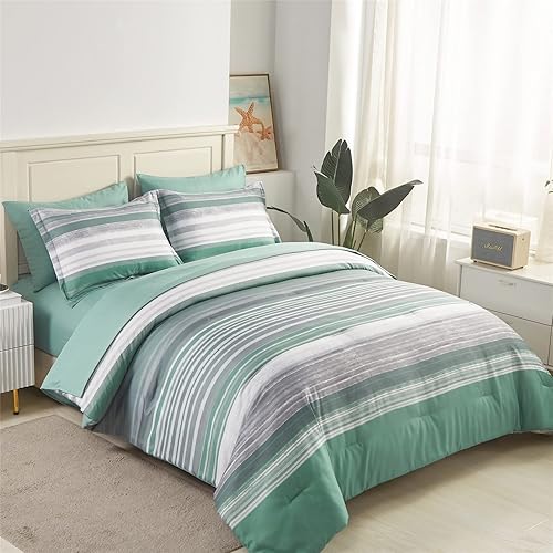 Miniatura 10 de KAKIJUMN Juego de edredón de 7 piezas en una bolsa a rayas, tamaño King, juego de edredón y sábanas a rayas de retazos blanco, gris, verde salvia,
