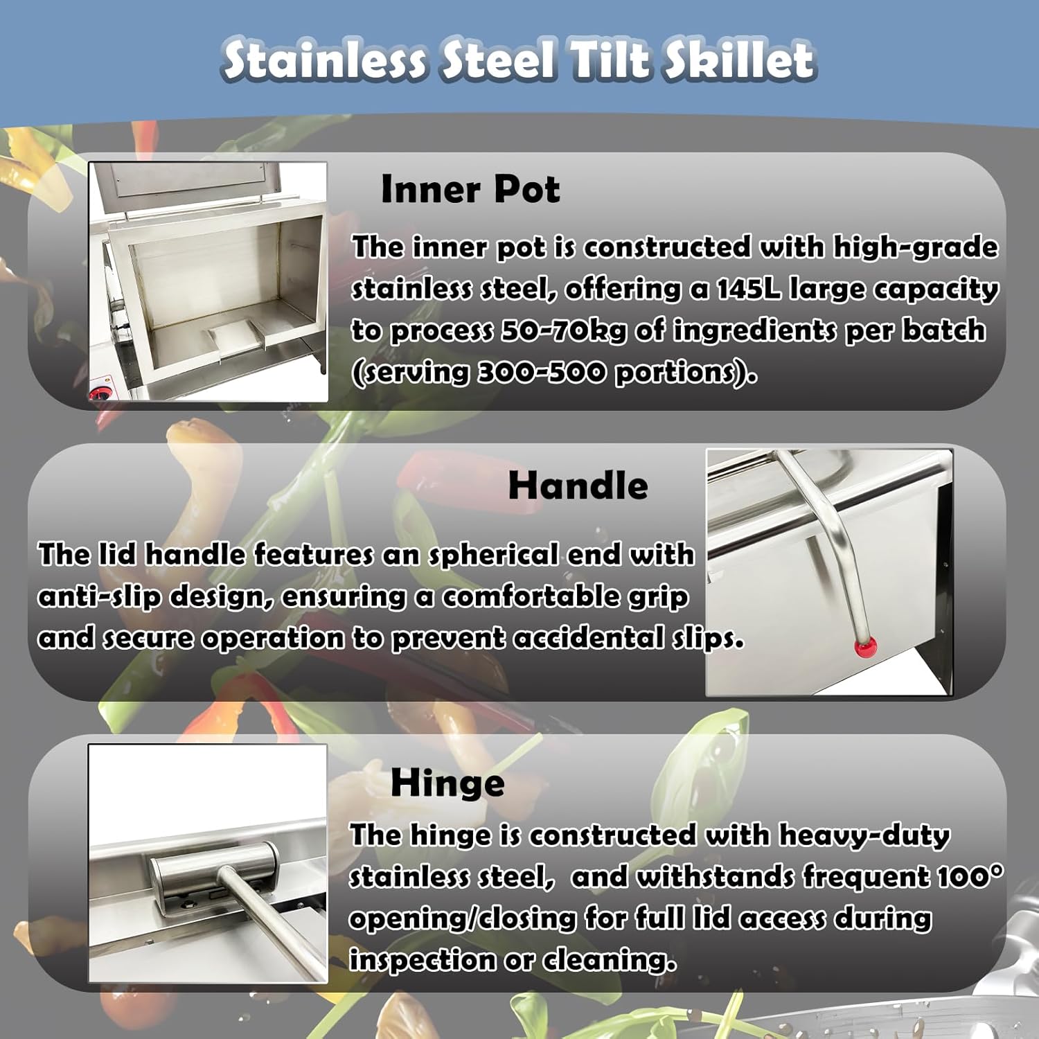 Electric Tilting Skillet Braising Pan Commercial Tilting 38.3Gal (145L) 0-90° Stainless Steel Tilt Skillet for Restaurants, Hotels 220V 3PH
