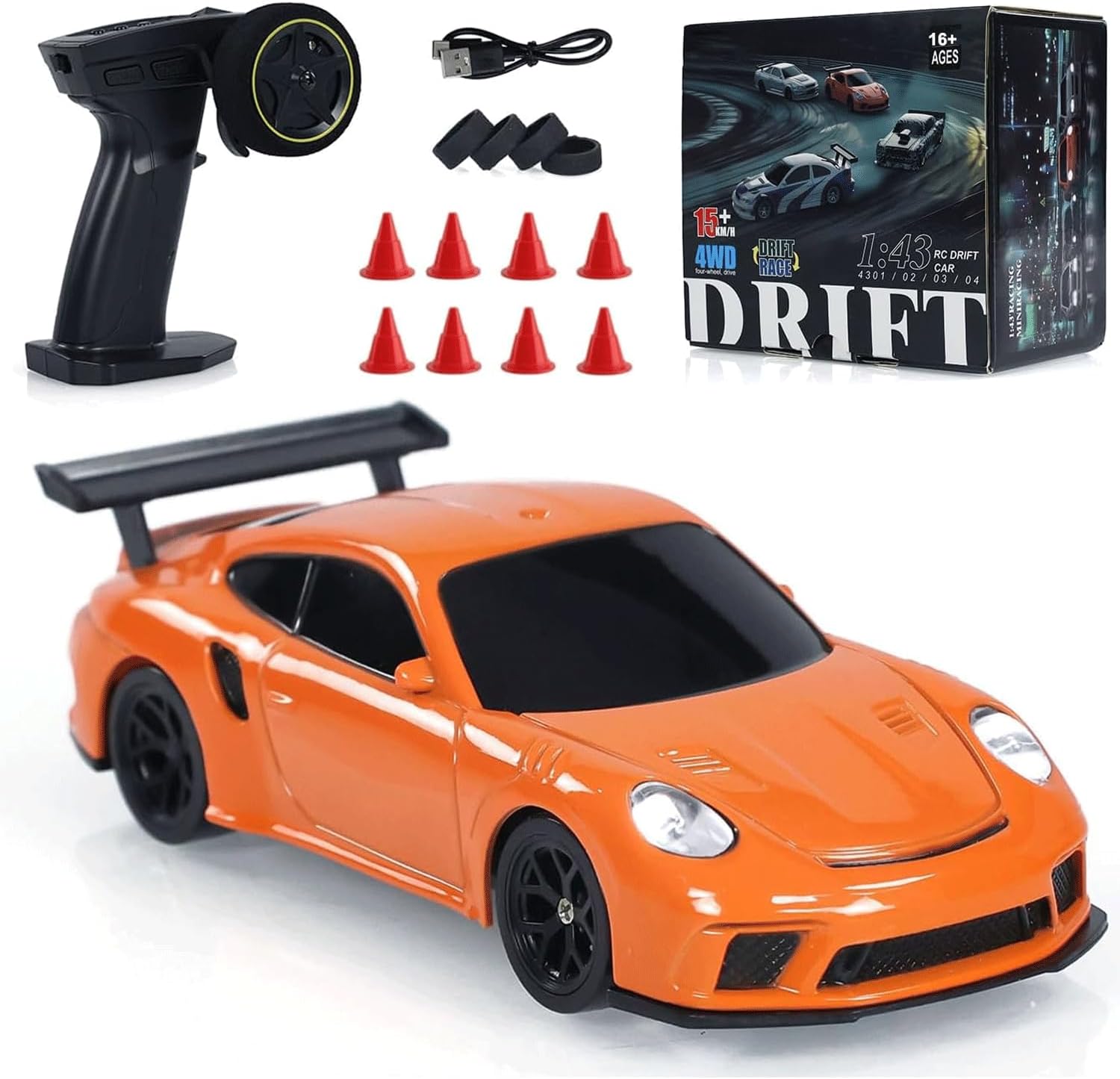 1/43 Scale Mini Racing Drift RC Car with Lights, 2.4G Electric 4WD High-Speed Remote Control Sports Car, Full Proportional Vehicle for Boys Adults Teen - RTR Version/Orange