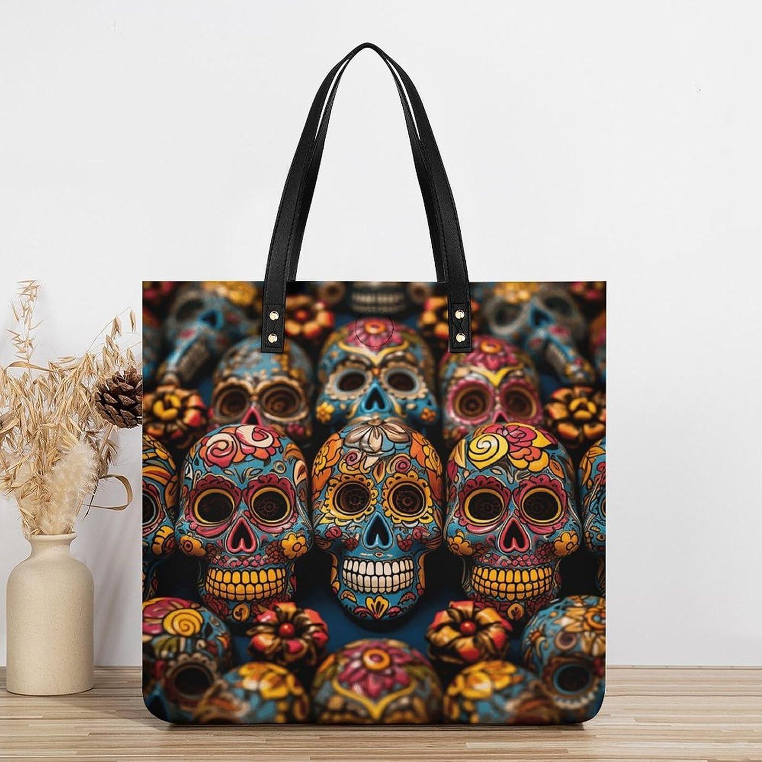 Colorful Sugar Skulls Tote Bag with Magnetic Buckle Reusable Grocery Bags Lightweight Cross Body Handbag for Daily Essentials