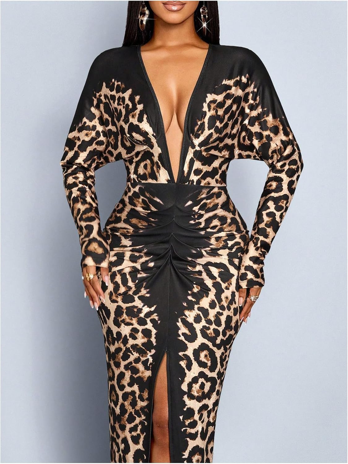 SHENHE Women's Sexy Leopard Print Deep V Neck Long Sleeve Slit Maxi Dress Party Evening Dress - Image 4
