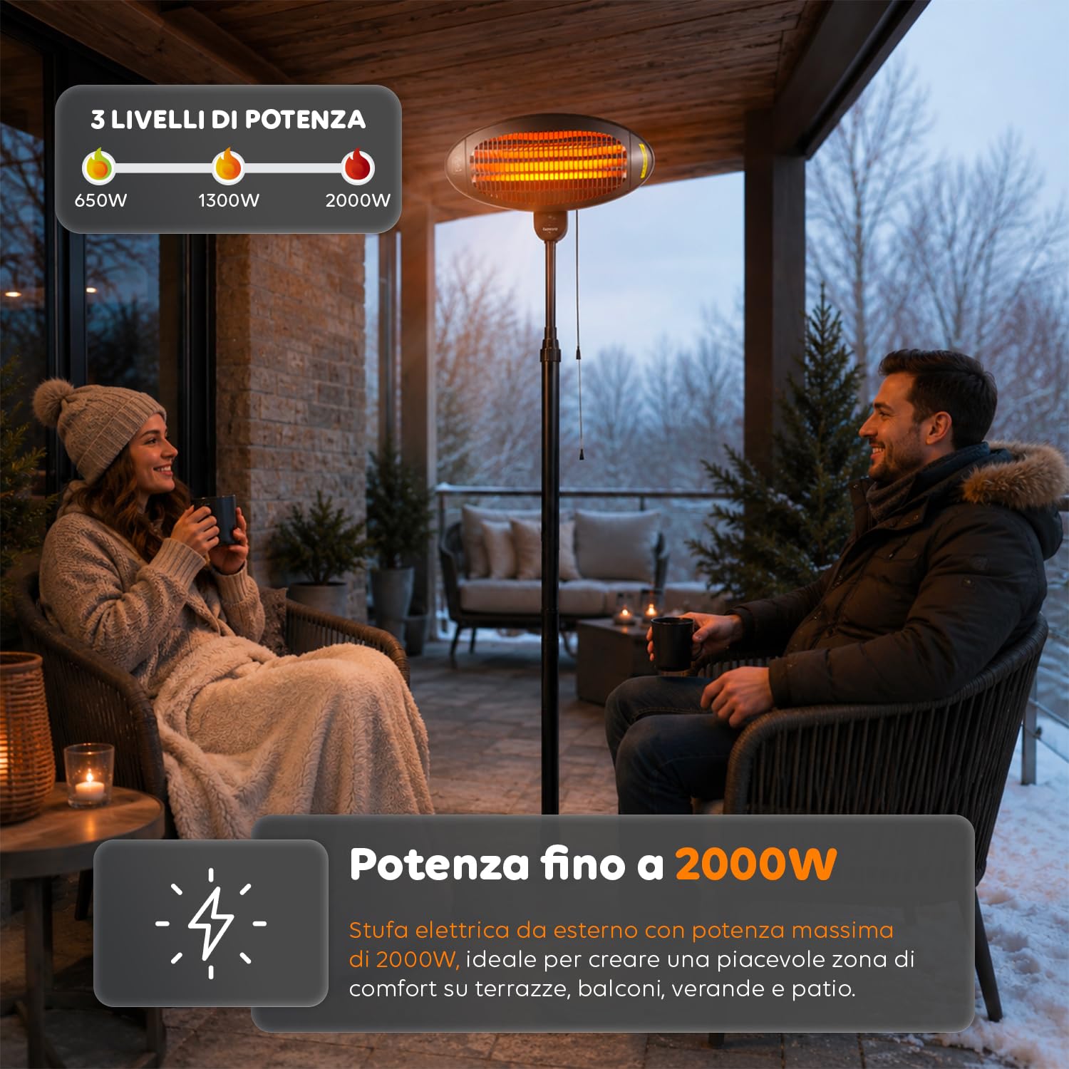 Avilia – Riscaldatore da Patio Verticale con 3 Livelli di Riscaldamento, Altezza Regolabile 130–200 cm, Testa Inclinabile a 45°, Riscaldamento Elettrico a Basso Consumo per Esterni