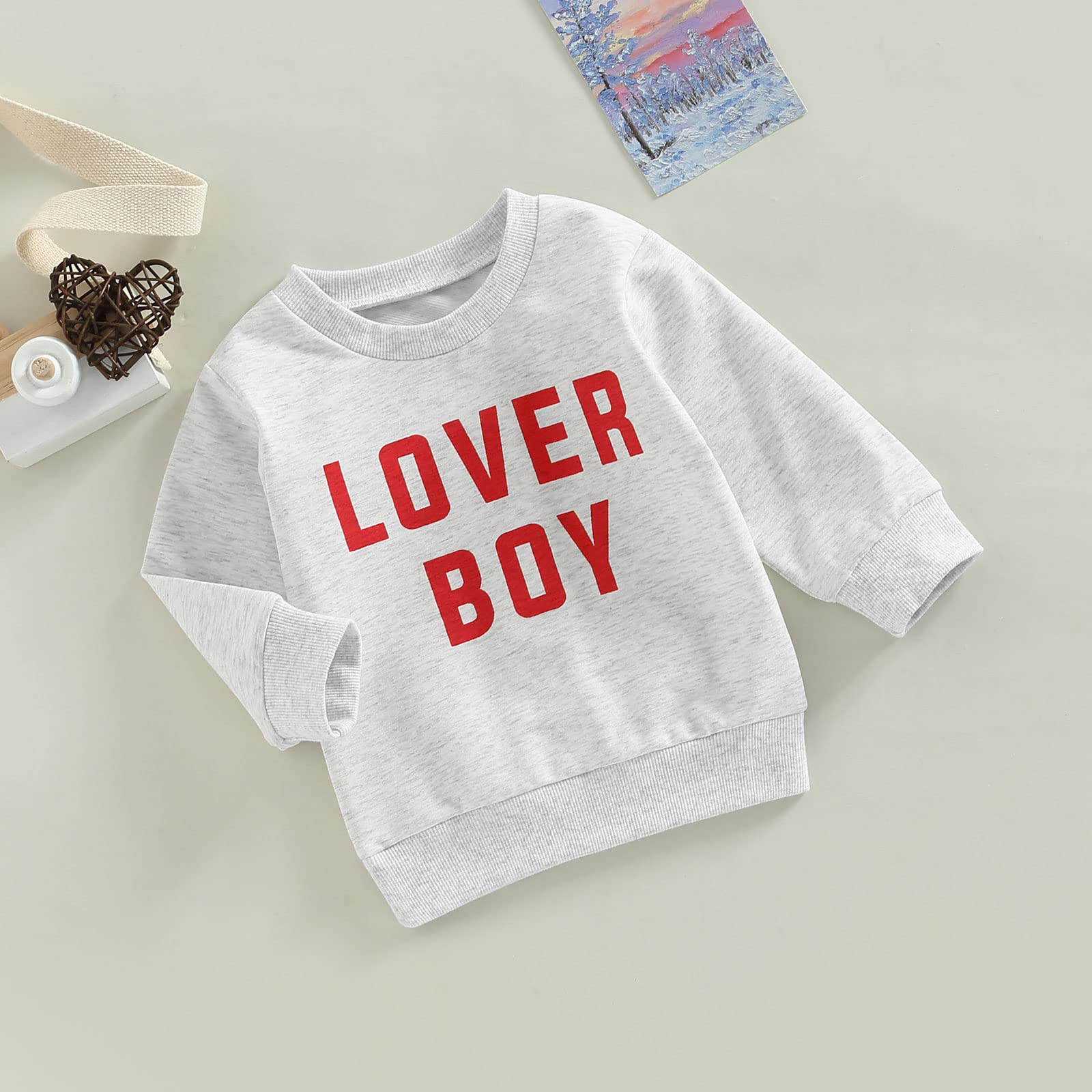 FIOMVA Baby Girl Boy Valentine's Day Outfits Love Print Long Sleeve Pullover Sweatshirt Overszied Sweater Fall Winter Clothes (Lover Boy-Grey B,2-3T)