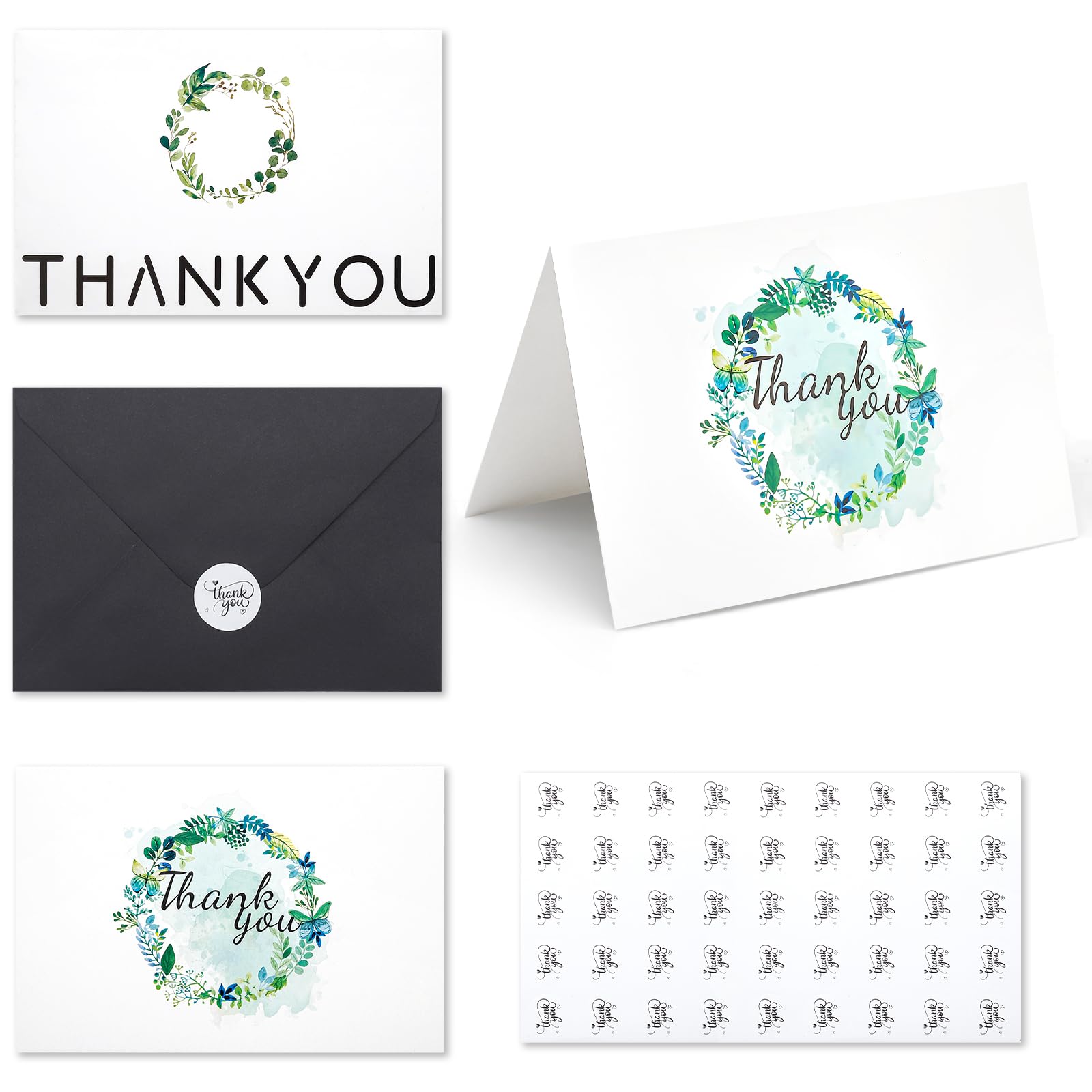 Lot de 120 cartes de remerciement avec enveloppes noires et autocollants – 2 motifs de verdure – Cartes de remerciement vierges de 10,2 x 15,2 cm – 300 g/m² – Notes de remerciement robustes pour