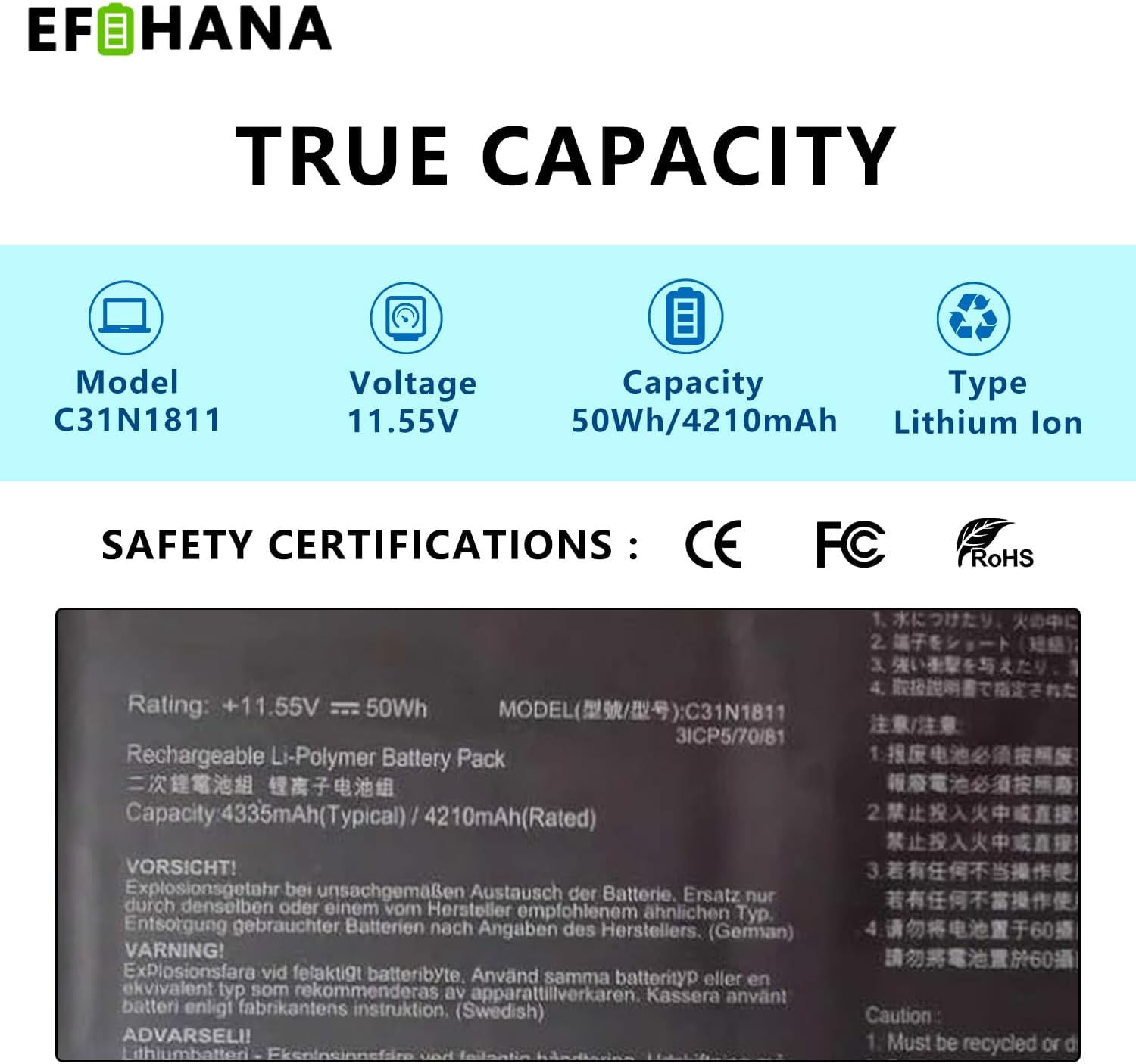 C31N1811 Laptop Battery Replacement for ASUS Deluxe13 Deluxe14 U4300 U4300F U4300FA U4300FN ZenBook 14 UX433 UX433F UX433FA UX433FN Series Notebook 0B200-03080000 11.55V 50Wh 4335mAh
