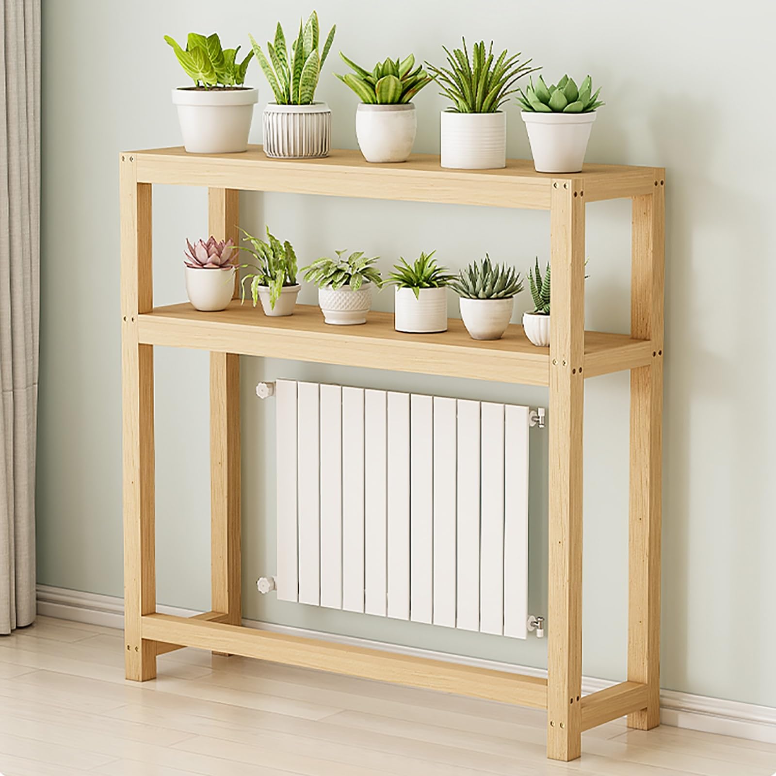 Console derrière canapé et cache-radiateur en bois pour un salon chaleureux et ordonné