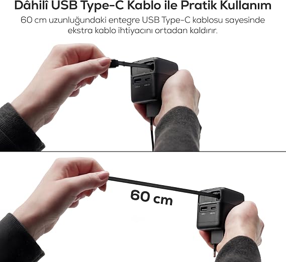 Xenon Smart Hızlı Şarj Adaptörü | 70W GaN USB-C & USB-A Dahili Type-C Kablo PD PPS Dijital Ekran X6413