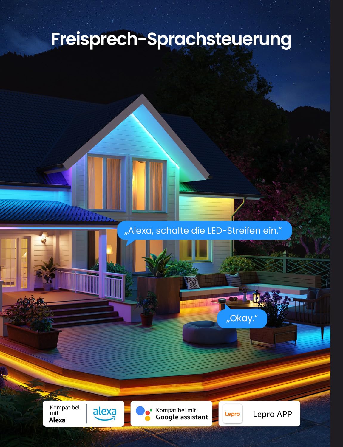 Lepro AI Smart LED Strip SW1, 5m, RGBCW, IP65, für außen, Musik-Sync, WLAN | KI-Lichtdesigner und Foto-zu-Licht erzeugen persönliche Farben; IP65 schützt den 5m LED Strip im Außenbereich; im Alltag.